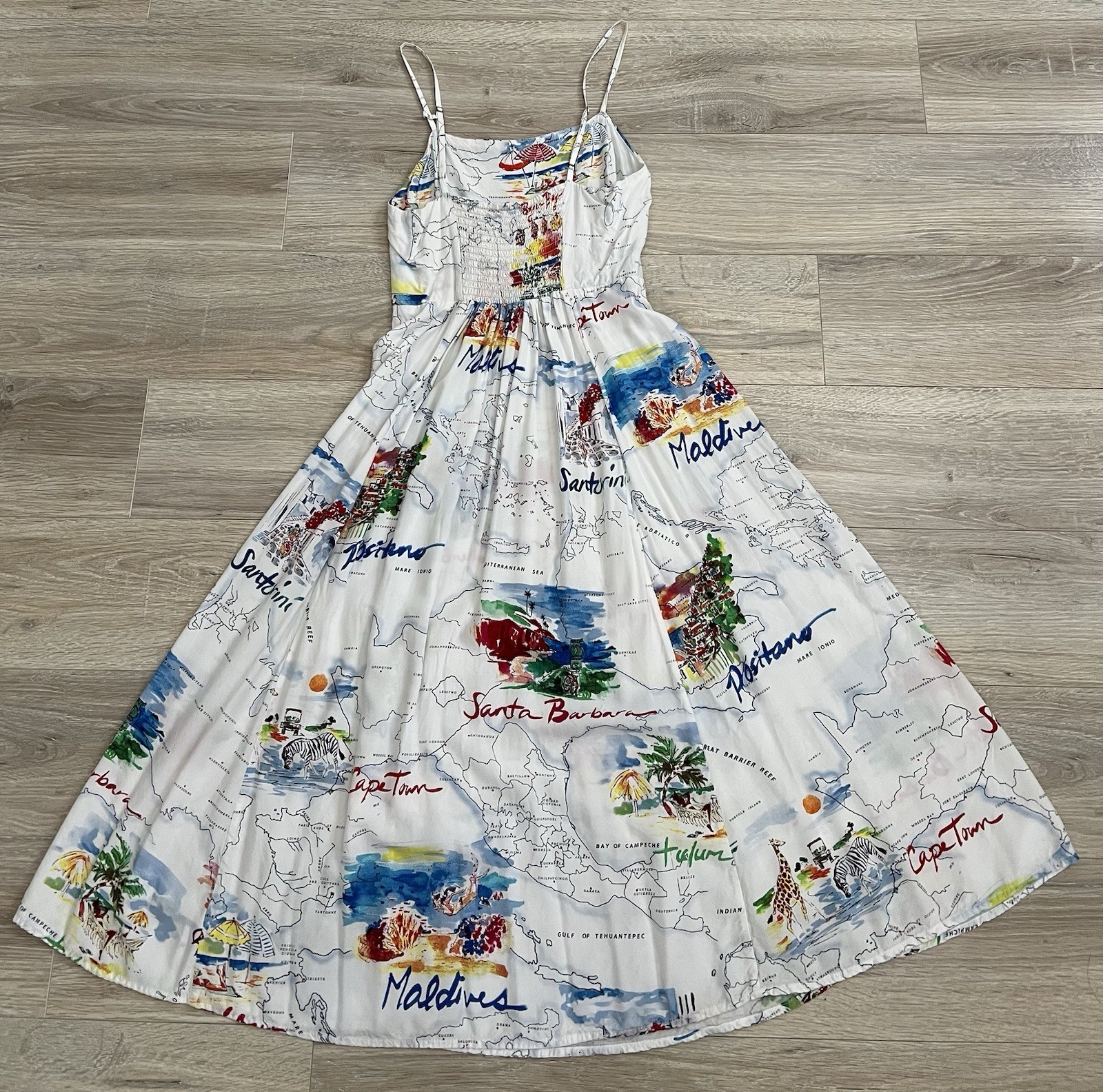 Gap Dress Womens XS White Map Travel Print Fit And Flare Smocked Sundress Summer