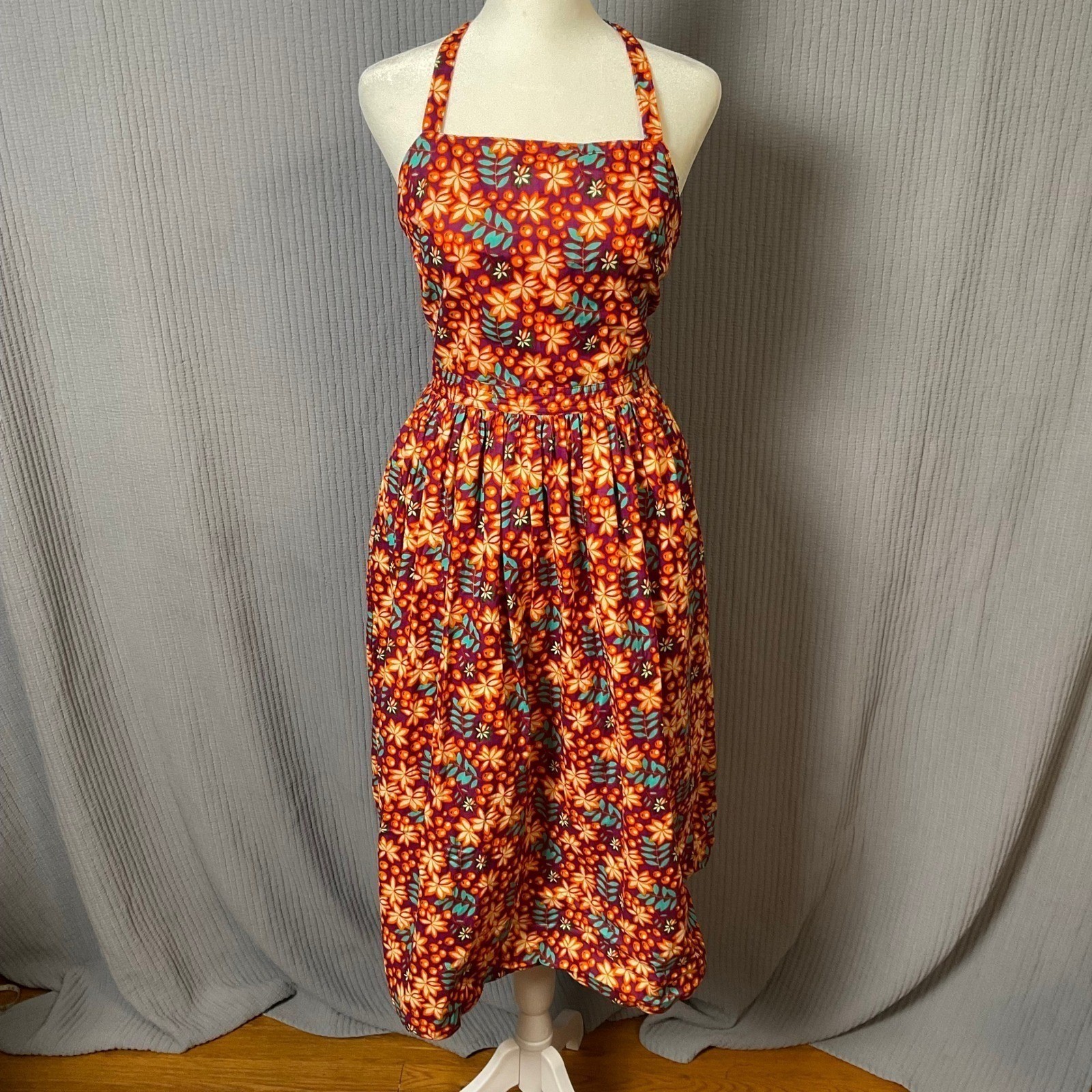 Retro Floral Halter Midi Dress Open Back Button Front Orange Purple Boho Summer