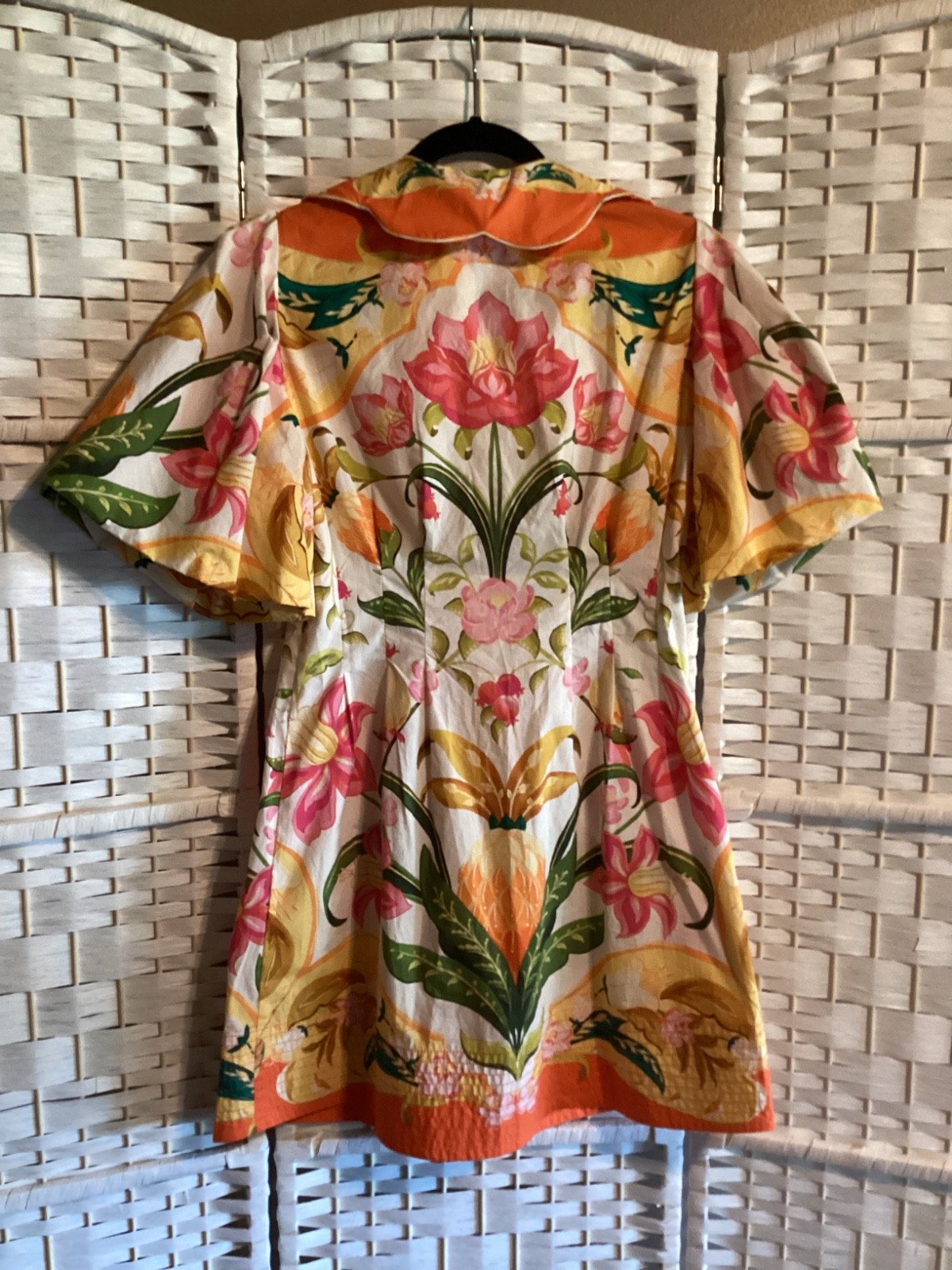 New Farm Rio Talita Floral Puff Sleeve Mini Dress Orange Button Front sz S