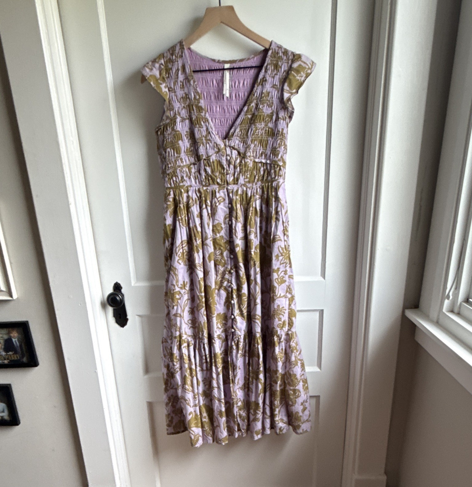 Anthropologie XS Purple/Green Floral V-Neck Smocked Midi A-Line Cap Sleeve