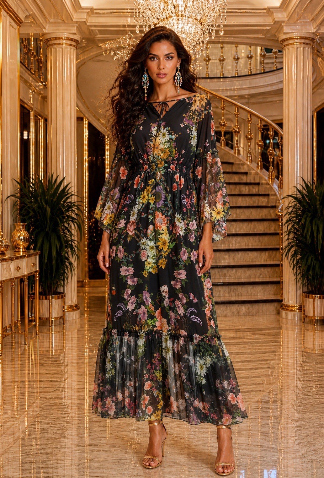 Camilla Letters From A Vineyard Long Dress With Gathered Bell Sleeve Size S