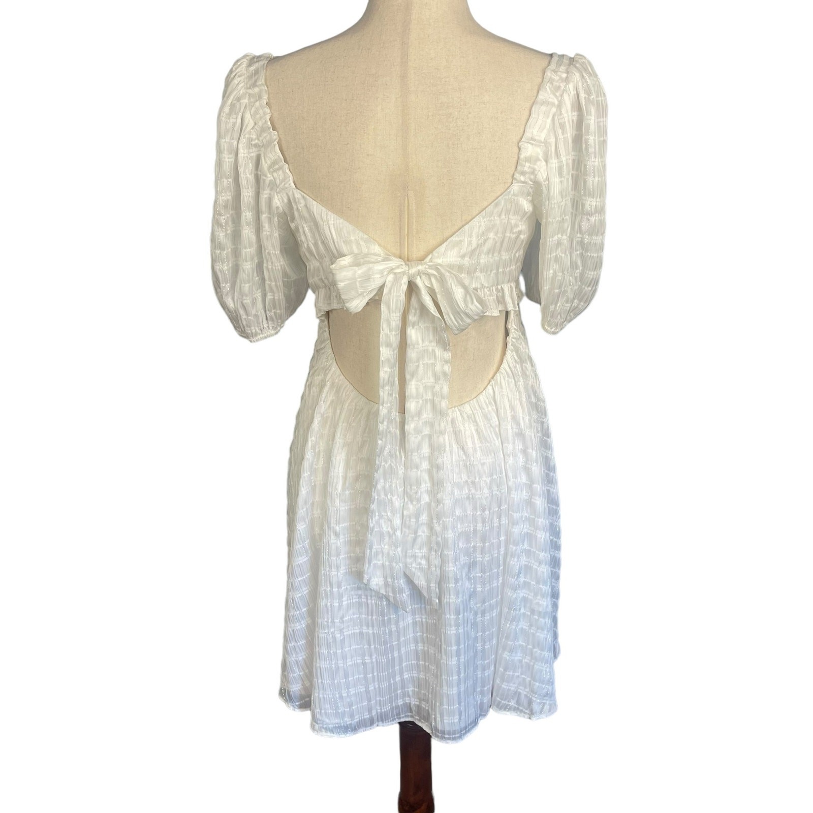 Majorelle Lisa Lined Mini Dress Tie Back Elbow Sleeves White Lurex Small