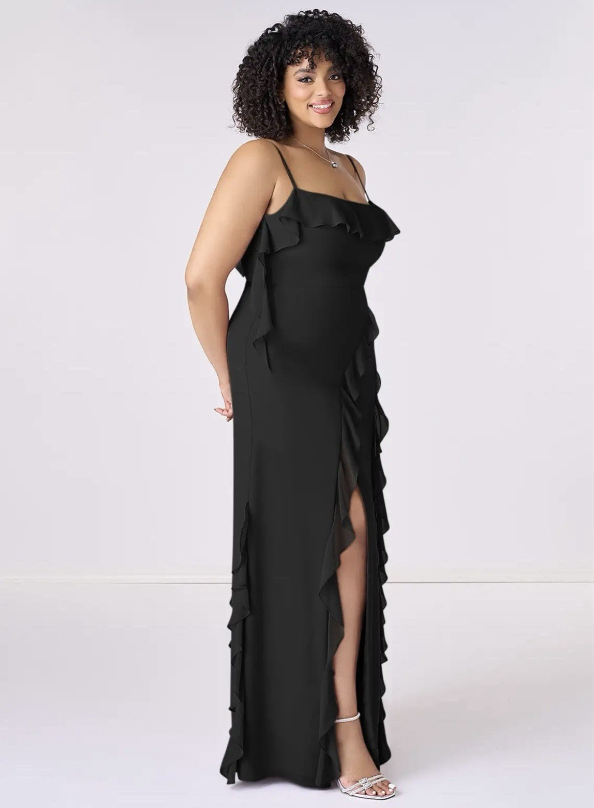 Barbie x Azazie Women’s Black Solid Straight Neck Strappy Gown Side Slit A6