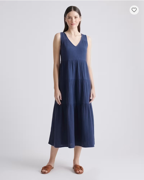 Quince 100% Organic Cotton Gauze Tiered Maxi Dress Sz LARGE Indigo Blue Coastal