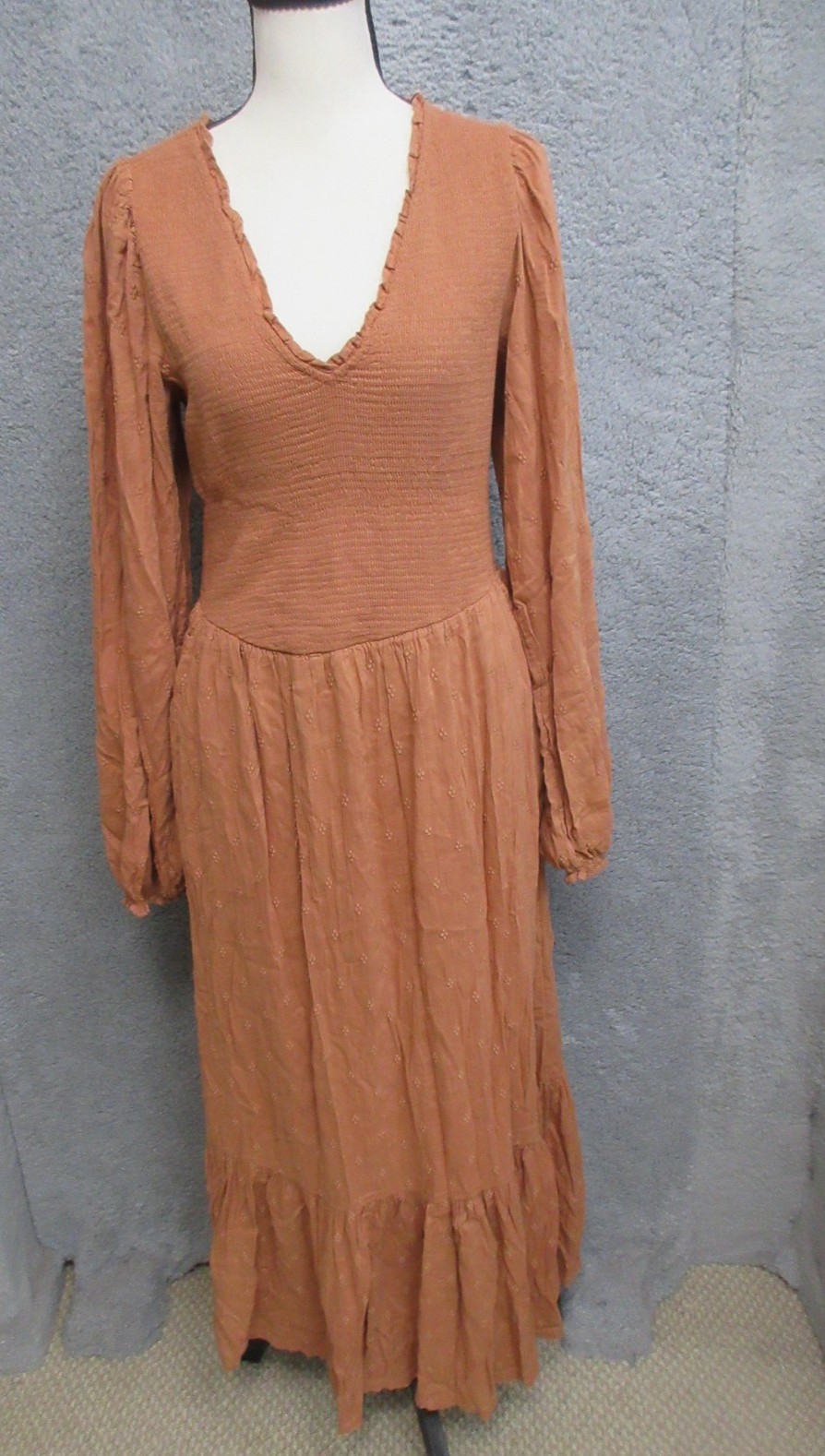 Old Navy Dress Women L Tall Brown Smocked Maxi Embroidered Boho Prairie Feminine