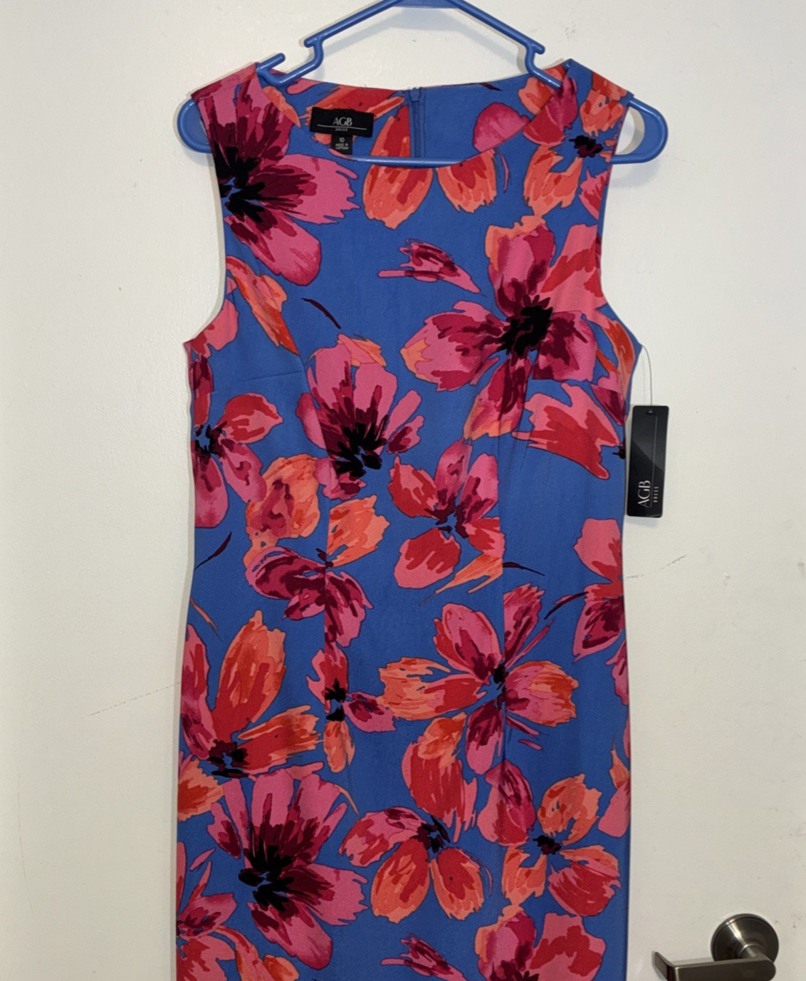 AGB Sheath Dress Women’s 10 Blue Pink Floral Sleeveless Tropical Zipper NWT