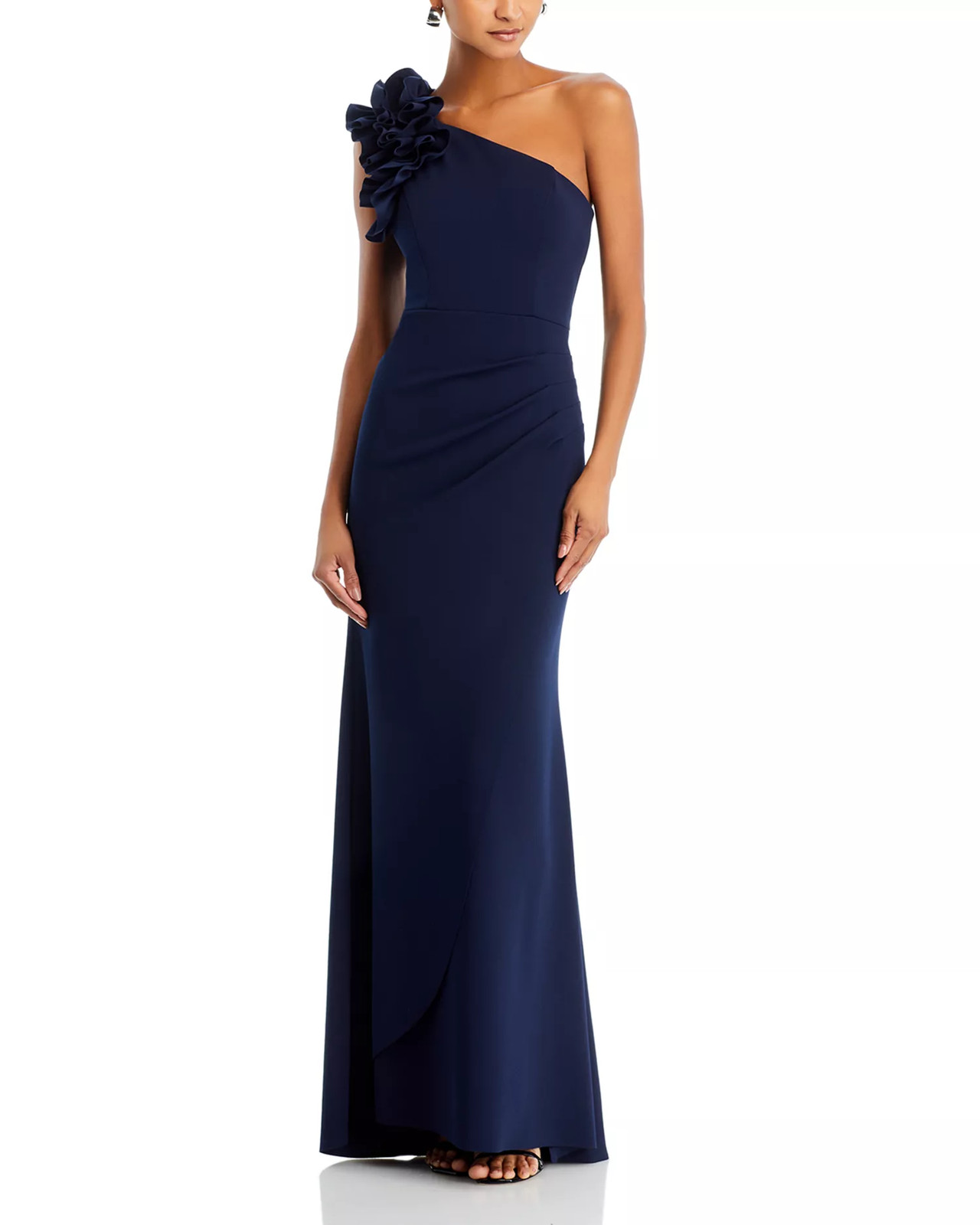 Aqua One Shoulder Gown 10 Navy Ruffled Ruched Stretch Formal Wedding NWT $298