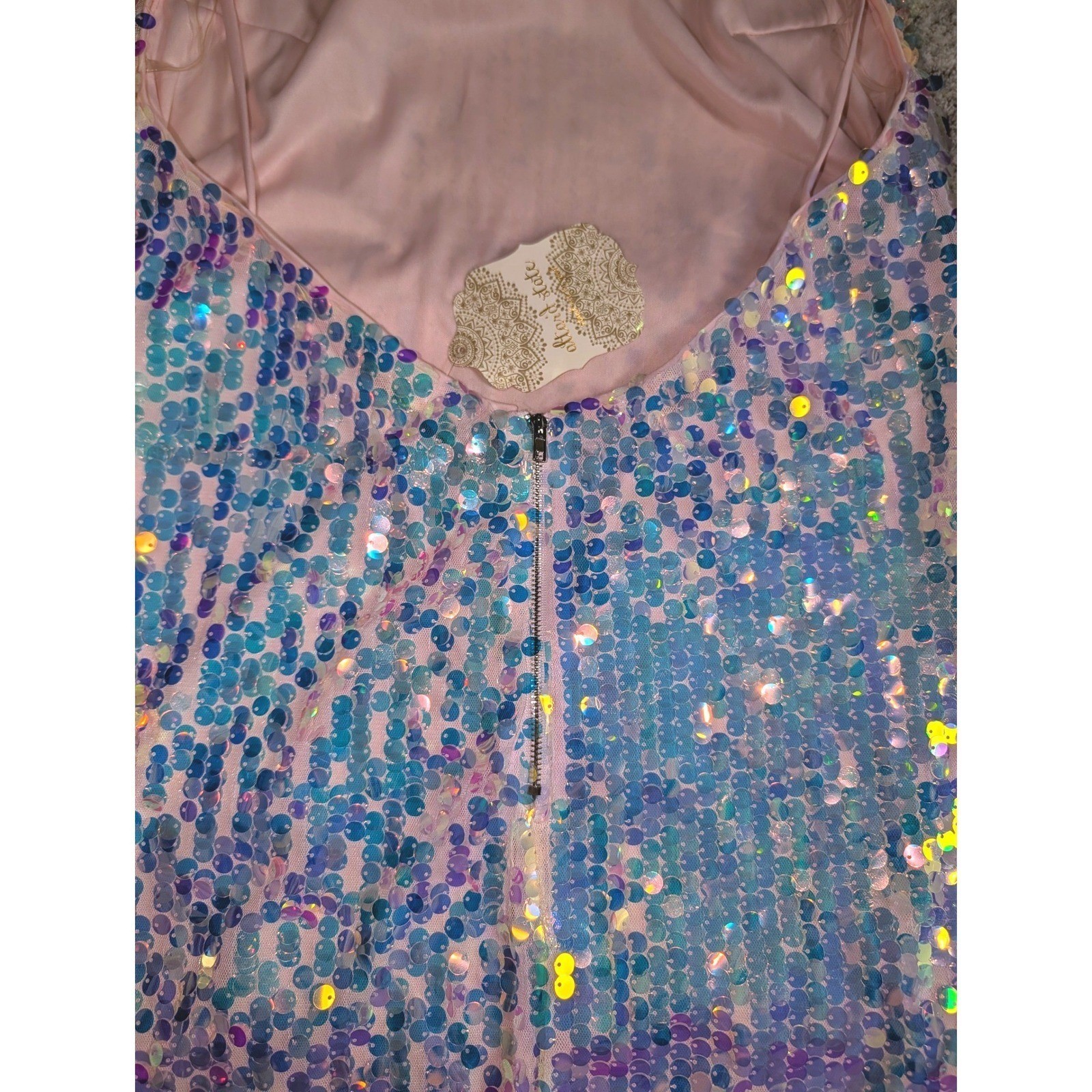 Altar’d State Opal Sequin Mini Dress L Halter High Neck Iridescent Mermaid Party