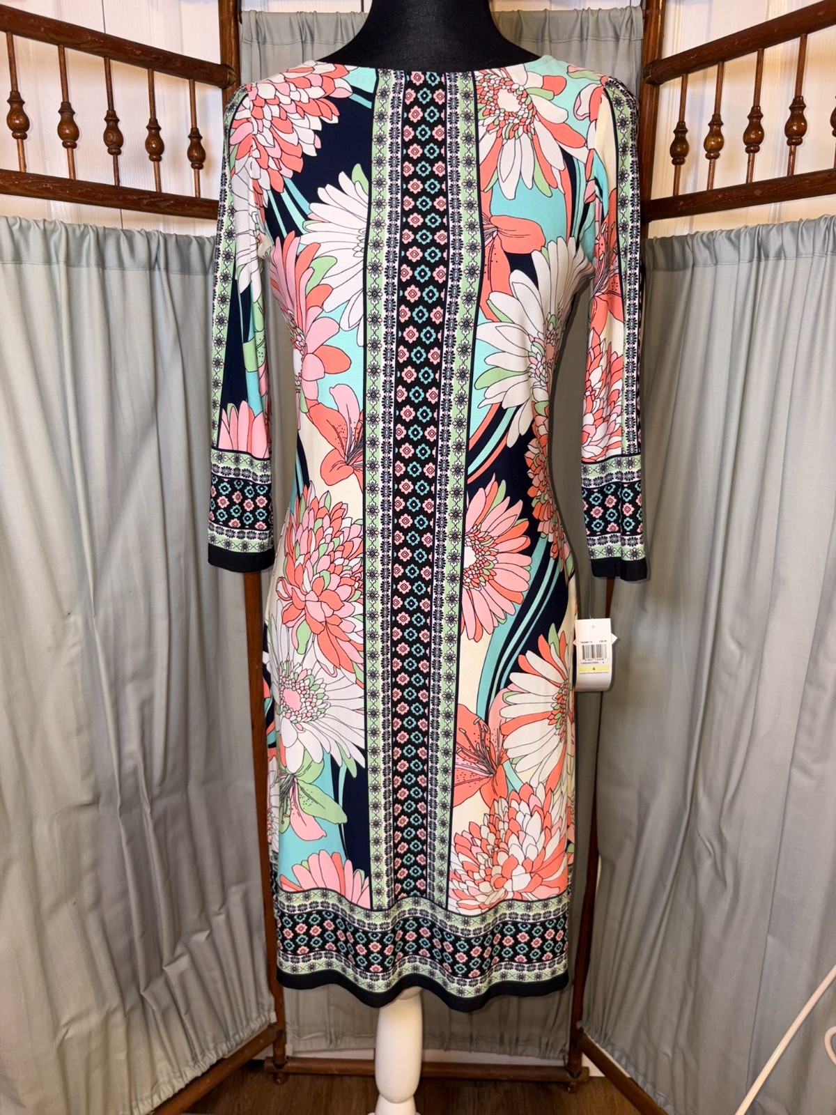 NWT London Times Floral Sheath Dress Size 4 3/4 Sleeve Career Midi Stretch