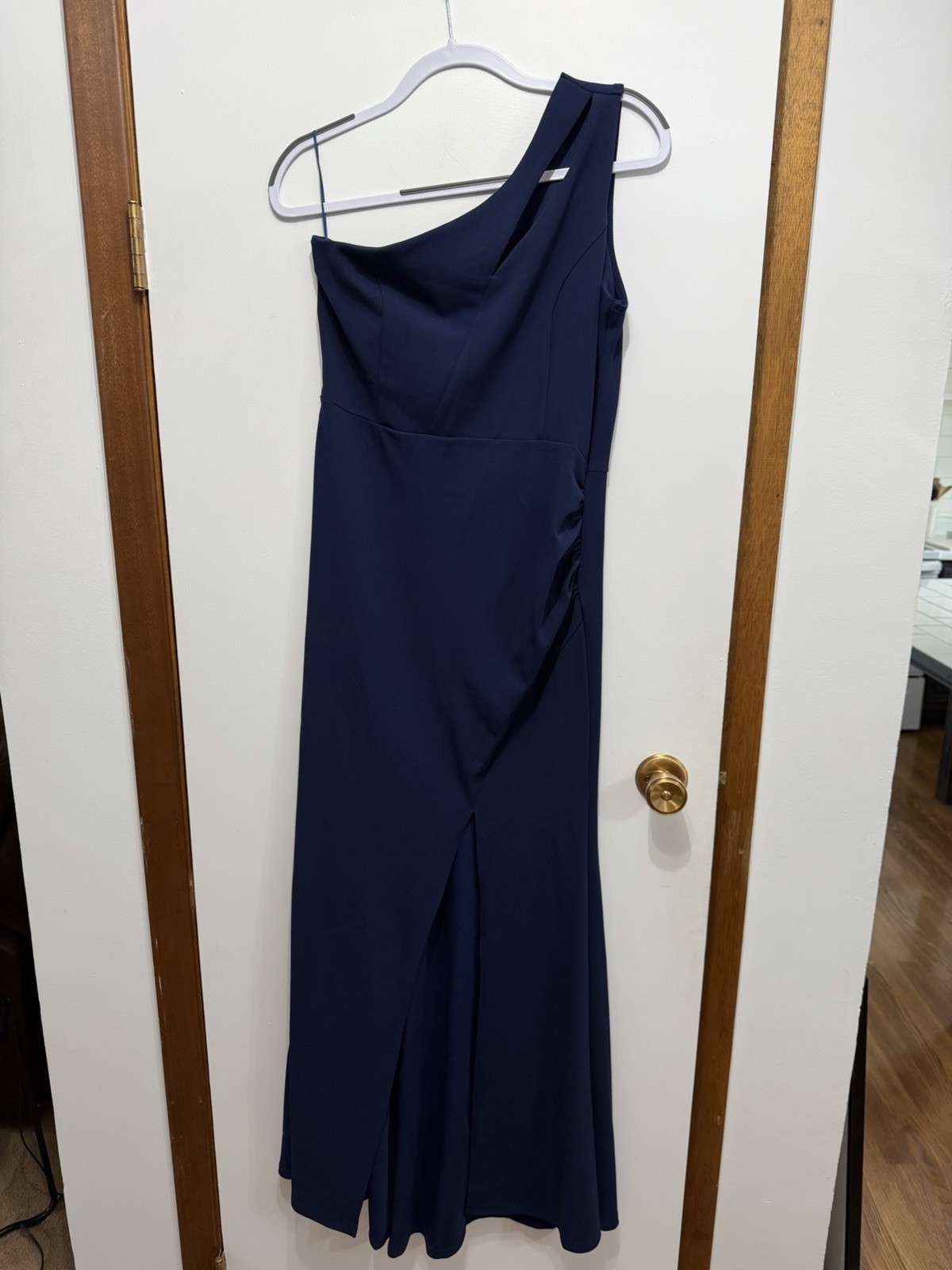 New Navy Blue Stretch Woosea One Shoulder Dress Size Large Full Length Formal