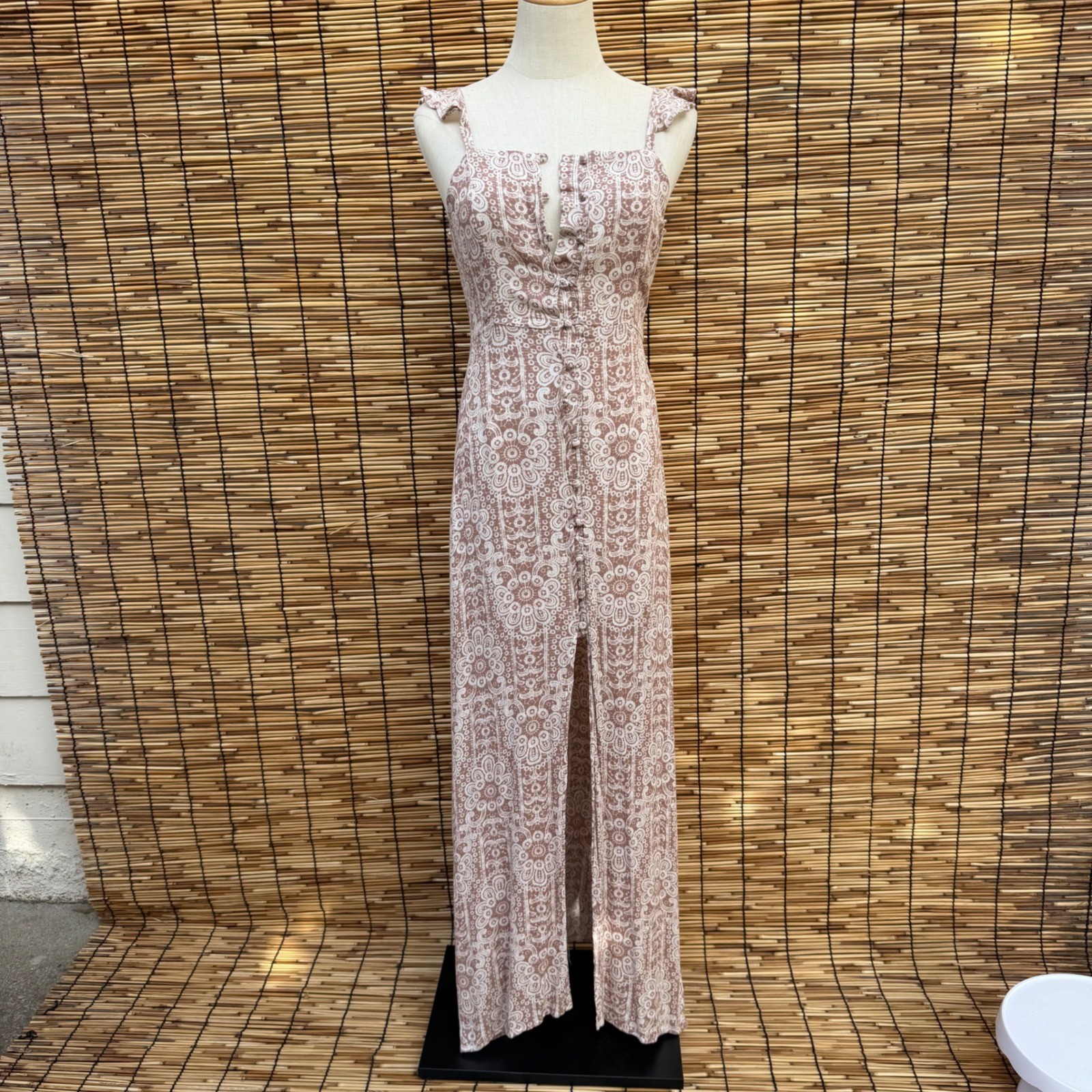 Honey Belle Womens Tan Cream Paisley Floral Button Front Smocked Maxi Dress S