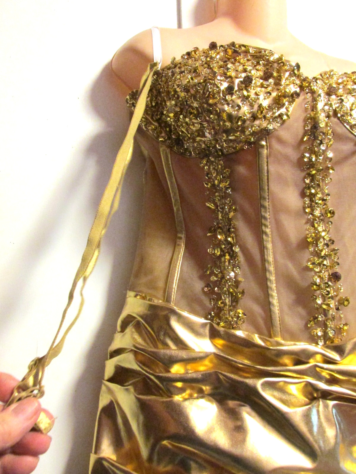 Showgirl Jeweled Tiara & Gold Beaded Mesh Corset Rhinestone Bodice Mini Dress- L