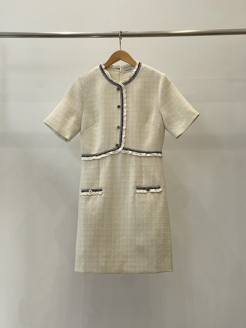 Sandro Tweed A-line Dress Single Breasted Short Sleeve Mini Dress for Women