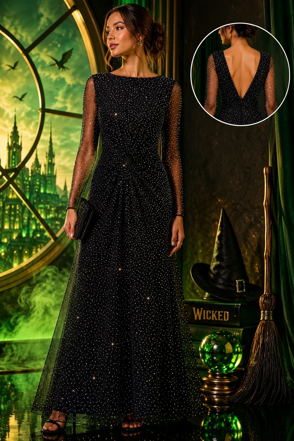 NWT AQUA x Wicked Black Rhinestone Mesh Open Back Gown XS