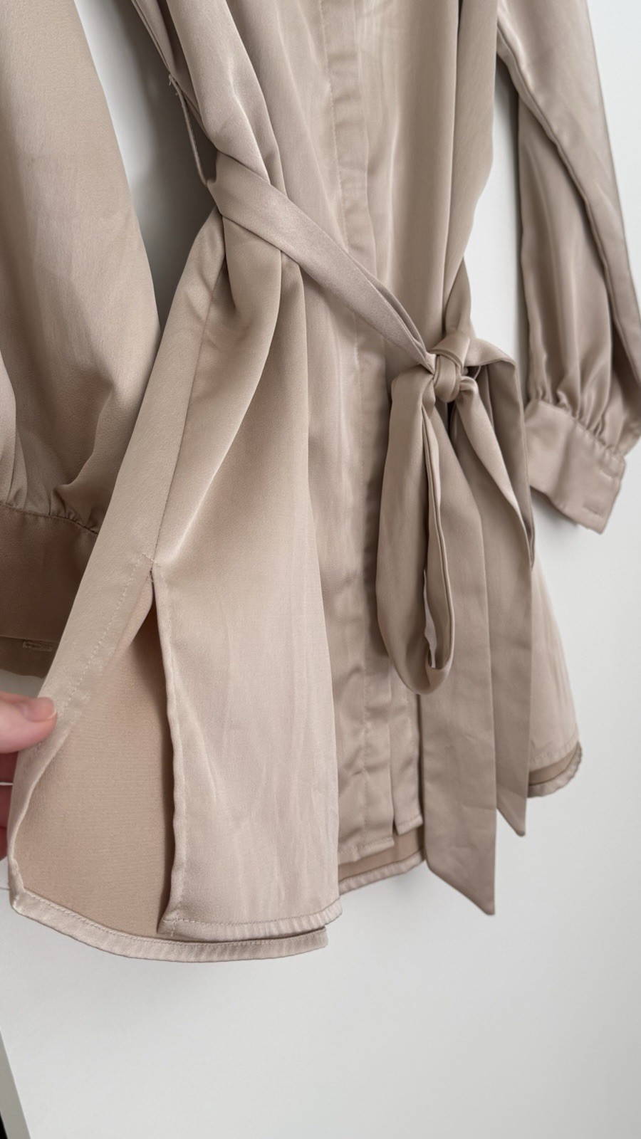 BABYBOO Satin Shirt Dress XS Beige Belted Mini Long Sleeve Button Front