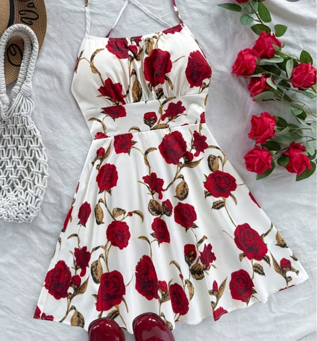 Women’s White/Red Floral Rose Sundress Backless Strappy Tie, Short, Scoop