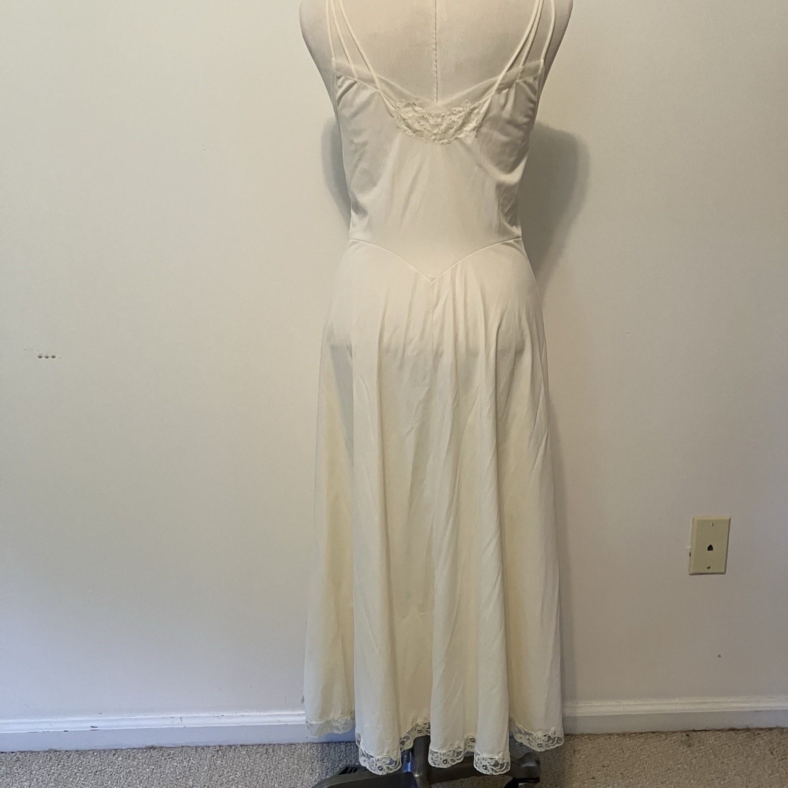 VTG Nylon Slip Dress Lace Basque Waist Chemise Maxi Coquette Ivory Regency Sz 32