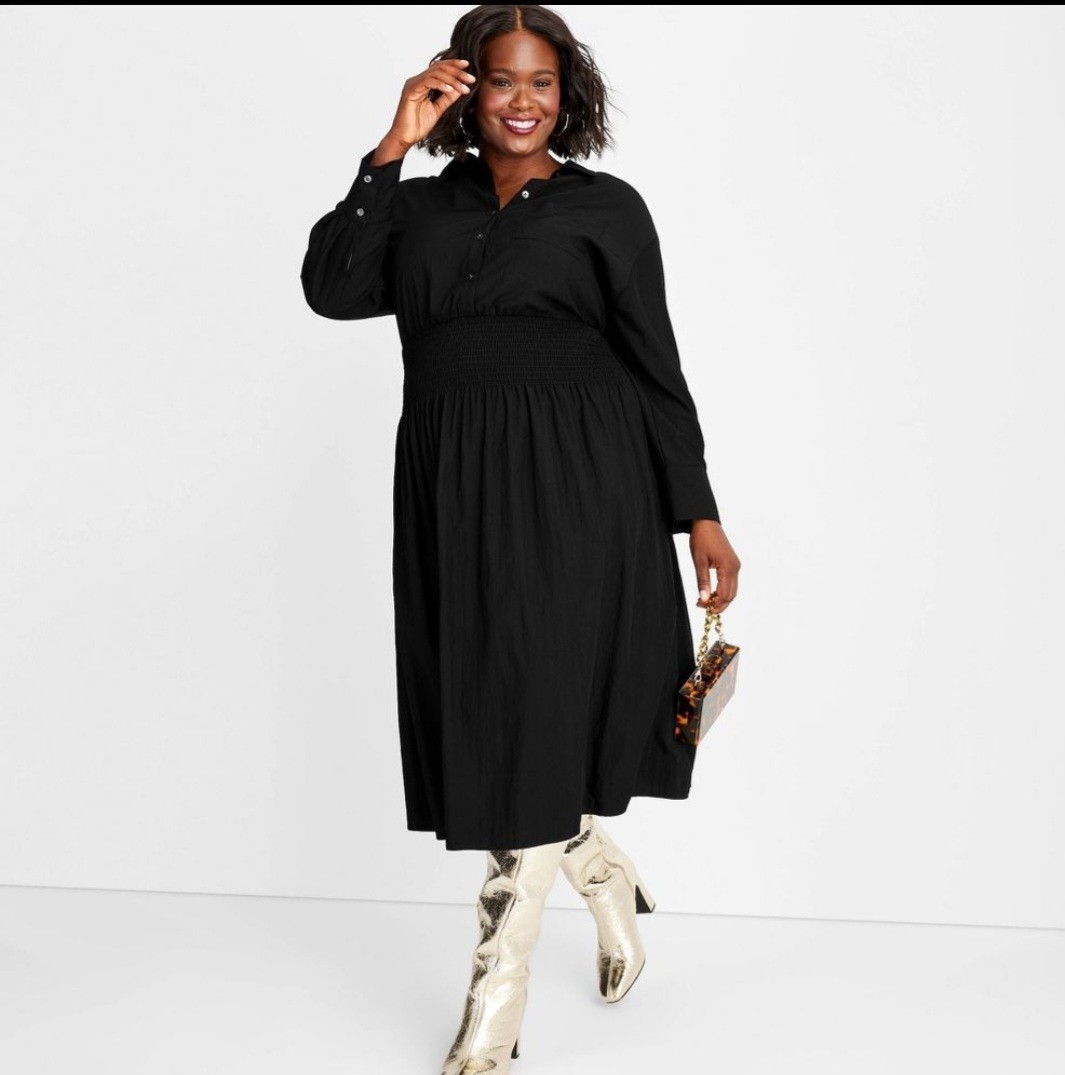 Women’s Collared Long Sleeve Smocked Midi Dress Future Collective Size XXL Black