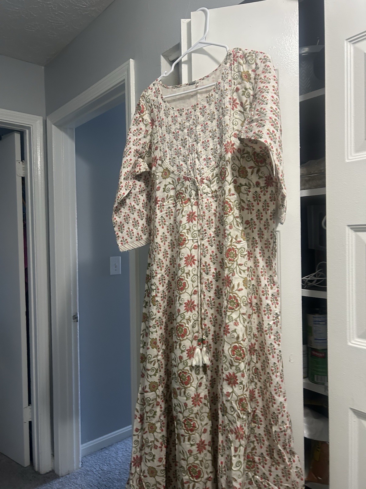 Beige Red Green Floral Maxi Dress Long 3/4 Sleeve Square Neck Tie Tassel L