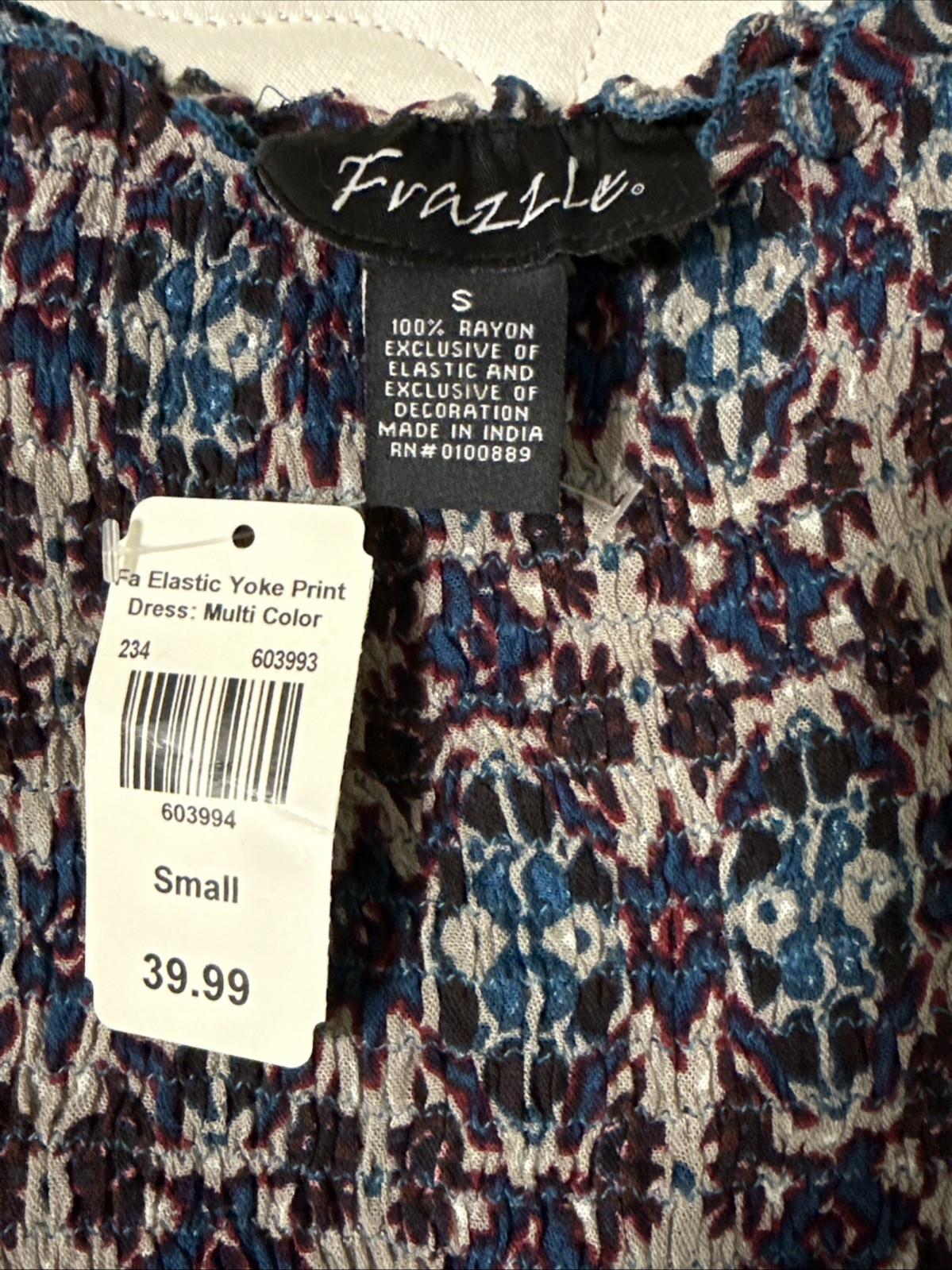 Frazzle Dress Small Smocked Crinkle Bell Sleeve Knee Length Boho Cottagecore