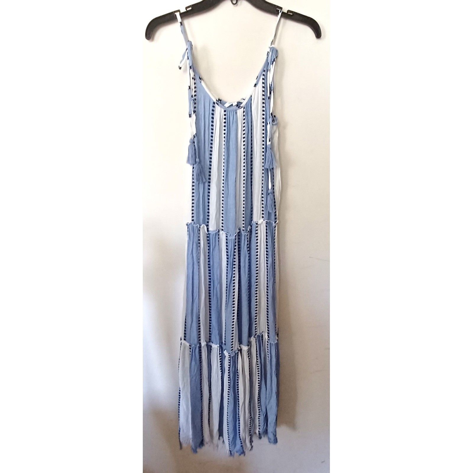 Blue Island Tiered Maxi Dress Women Sz S Blue White Striped Tassel Boho 5926-203
