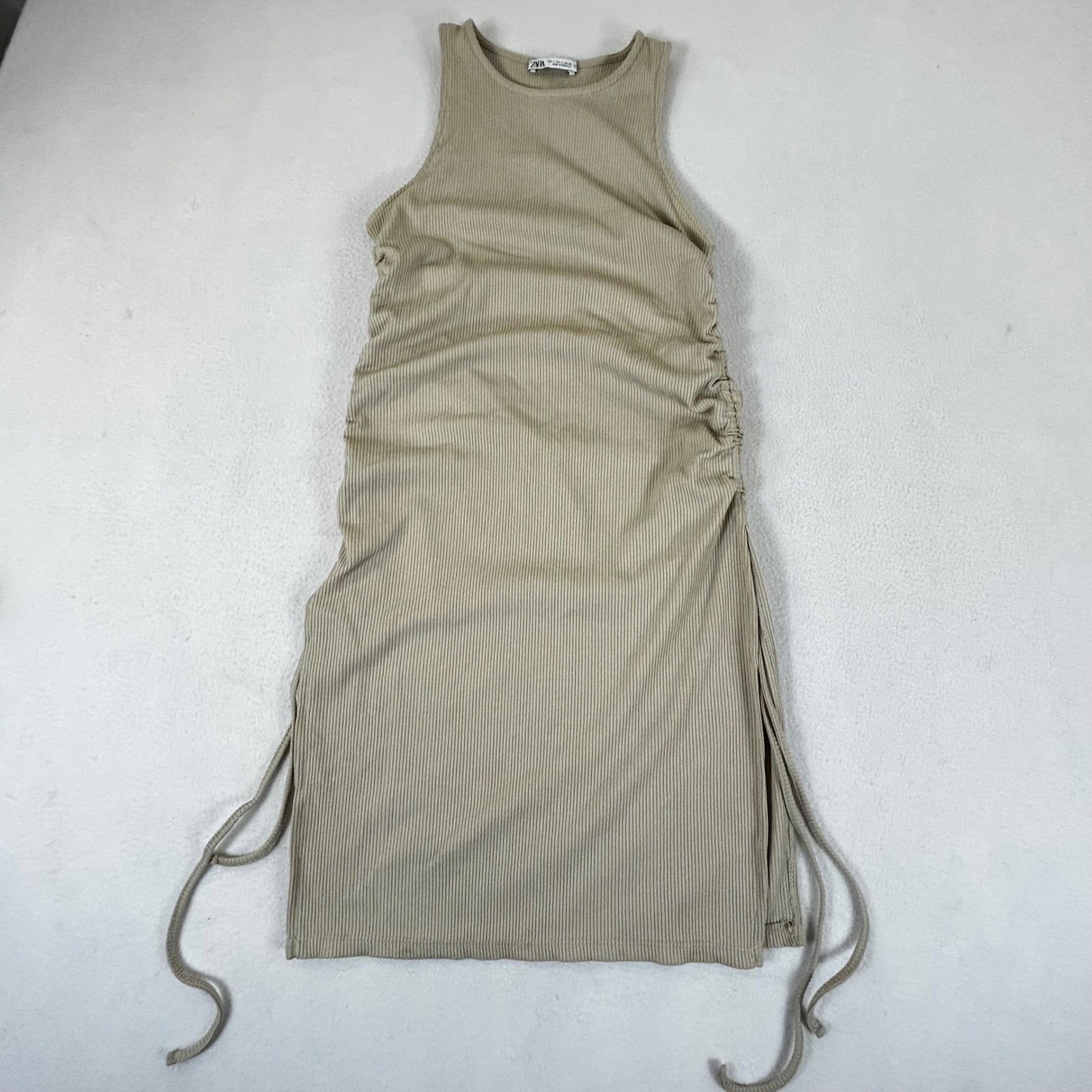 Zara Ribbed Ruched Side Drawstring Mini Dress Beige Sleeveless Tank Style S