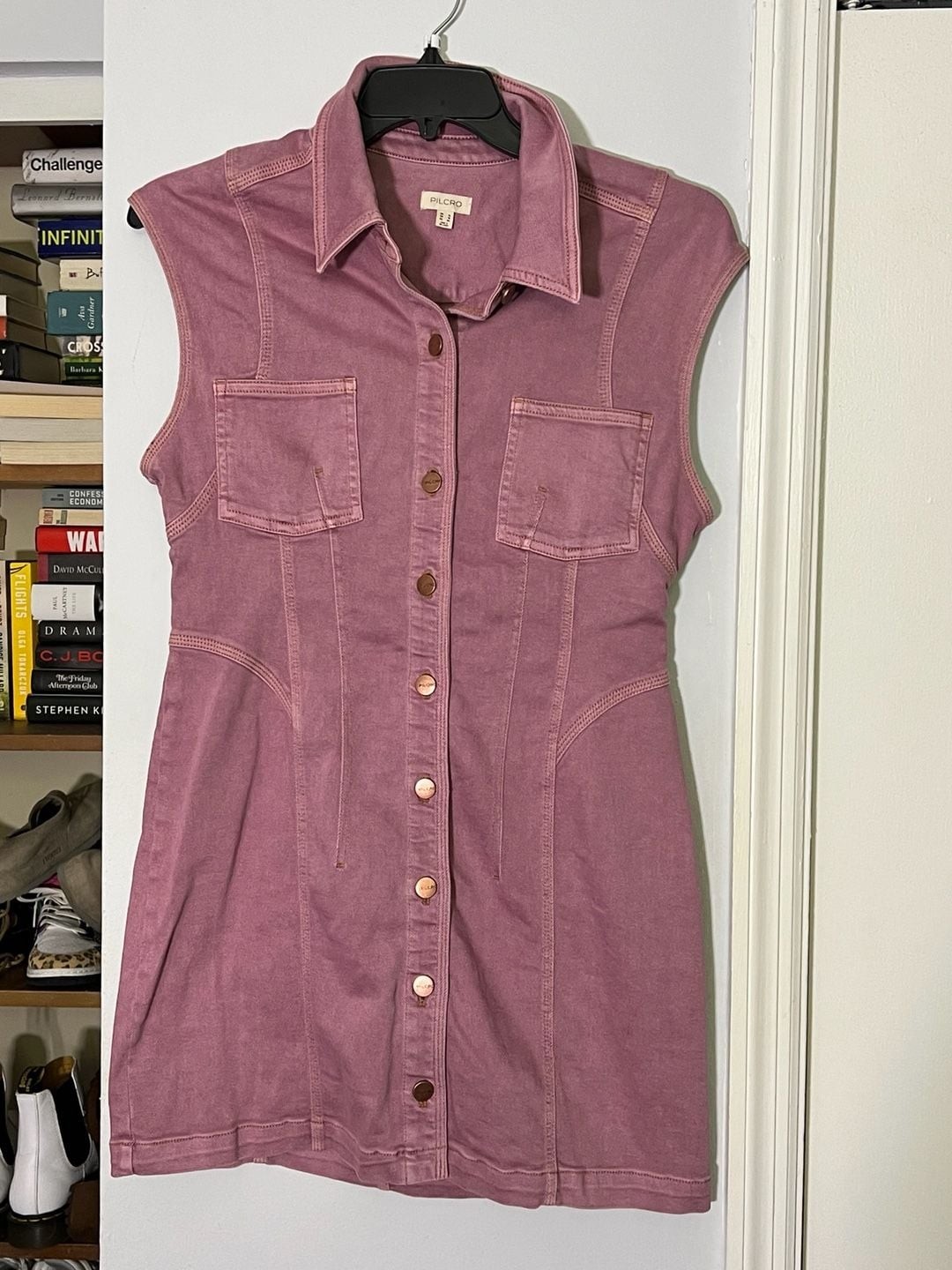 Pilcro Seamed Button-Front Denim Mini Dress in Pink