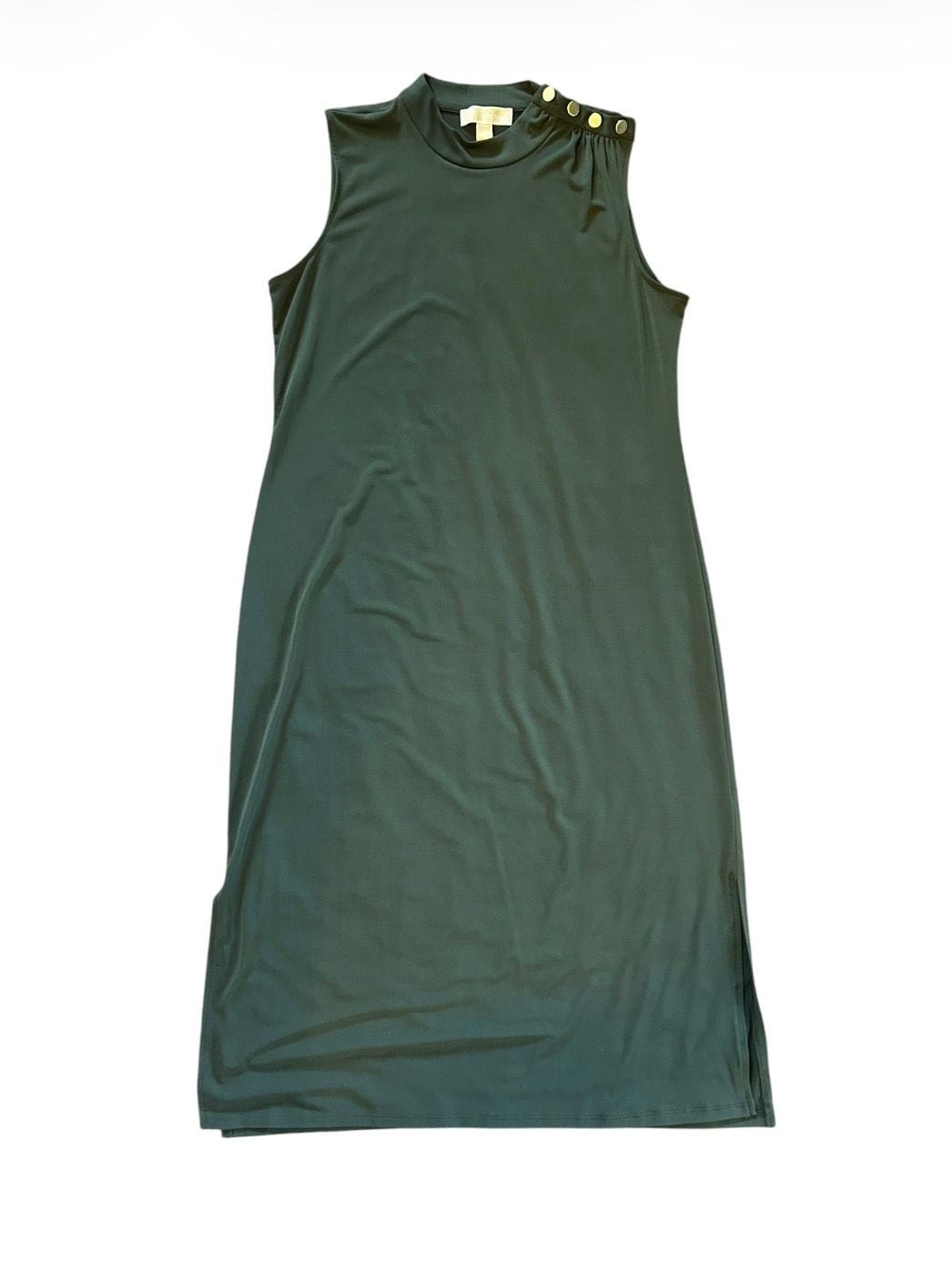 Michael Kors Sleeveless Mock Neck Midi Dress with Side Slit and Button Shoulder