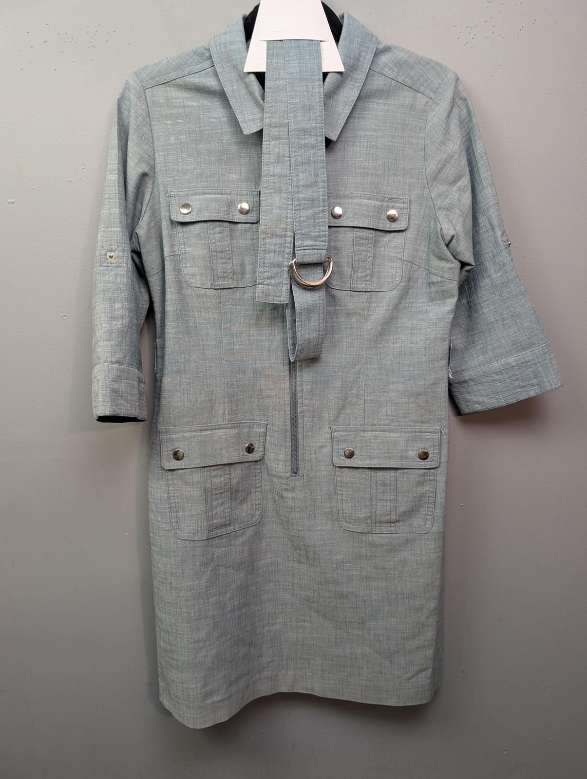 Sharagano Dress Womens 10 Blue Utility Shirt Dress Belted Zip Front Pockets Chic