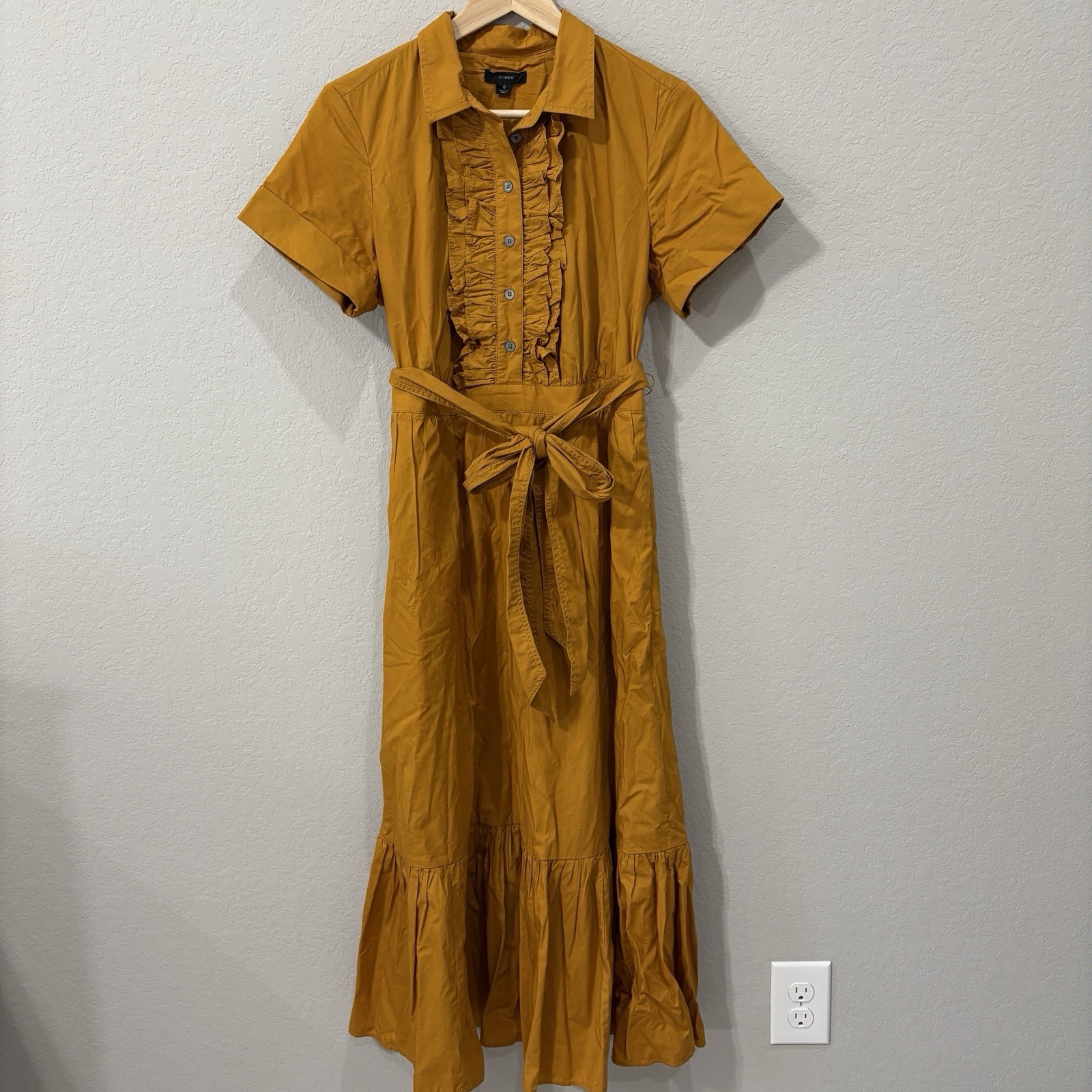 J Crew Shirt Dress 8 Mustard Ruffle Front Tie Belt Cotton Poplin Maxi Tiered *