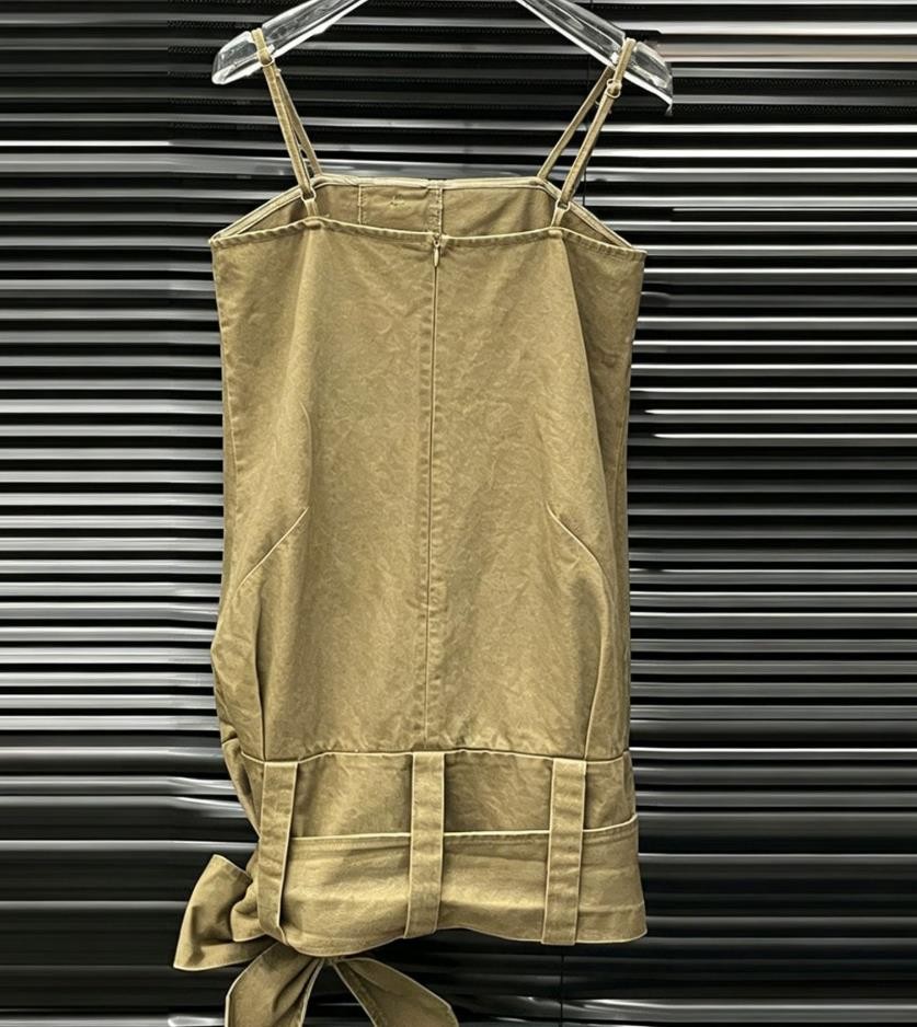 Womens Khaki Cotton Spaghetti Strap Dress Short Sexy Buckle Know Bow Skirt Dress