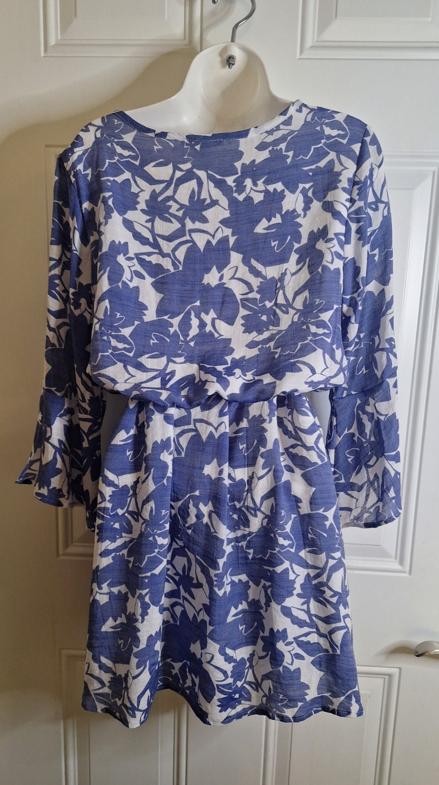 Robert Louis Blue & White Flare Sleeve Lined Tunic Dress Lace Trim V-Neck Small