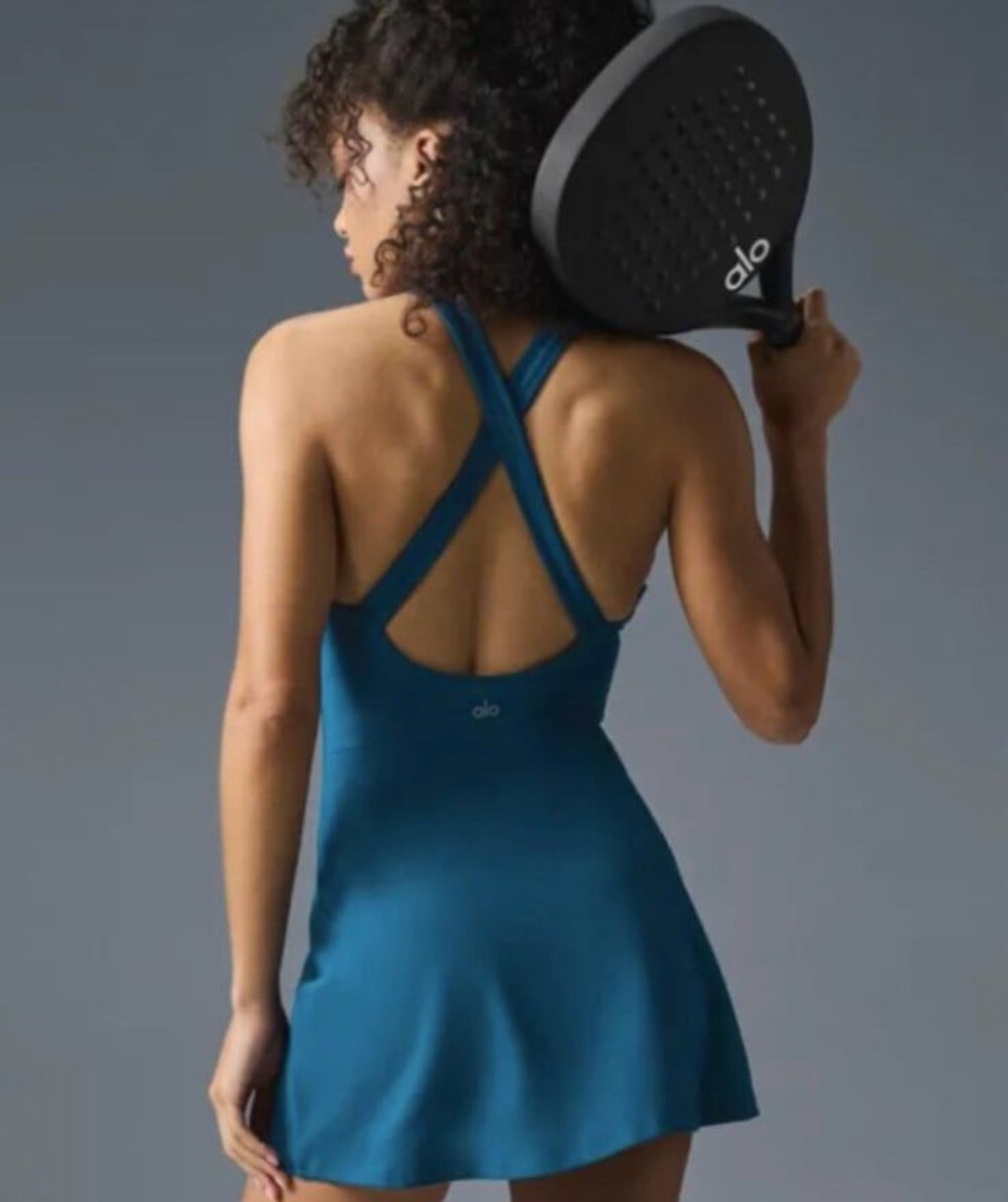 ALO Yoga Backspin Teal Cross-Back Tennis Mini Dress, Medium