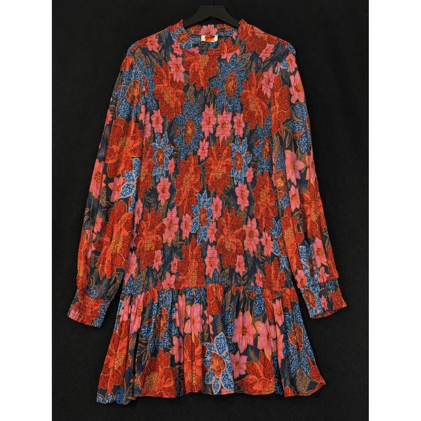 FARM Rio Floral Smocked Mini Dress L Long Sleeve Ruffle Hem 100% Viscose Boho
