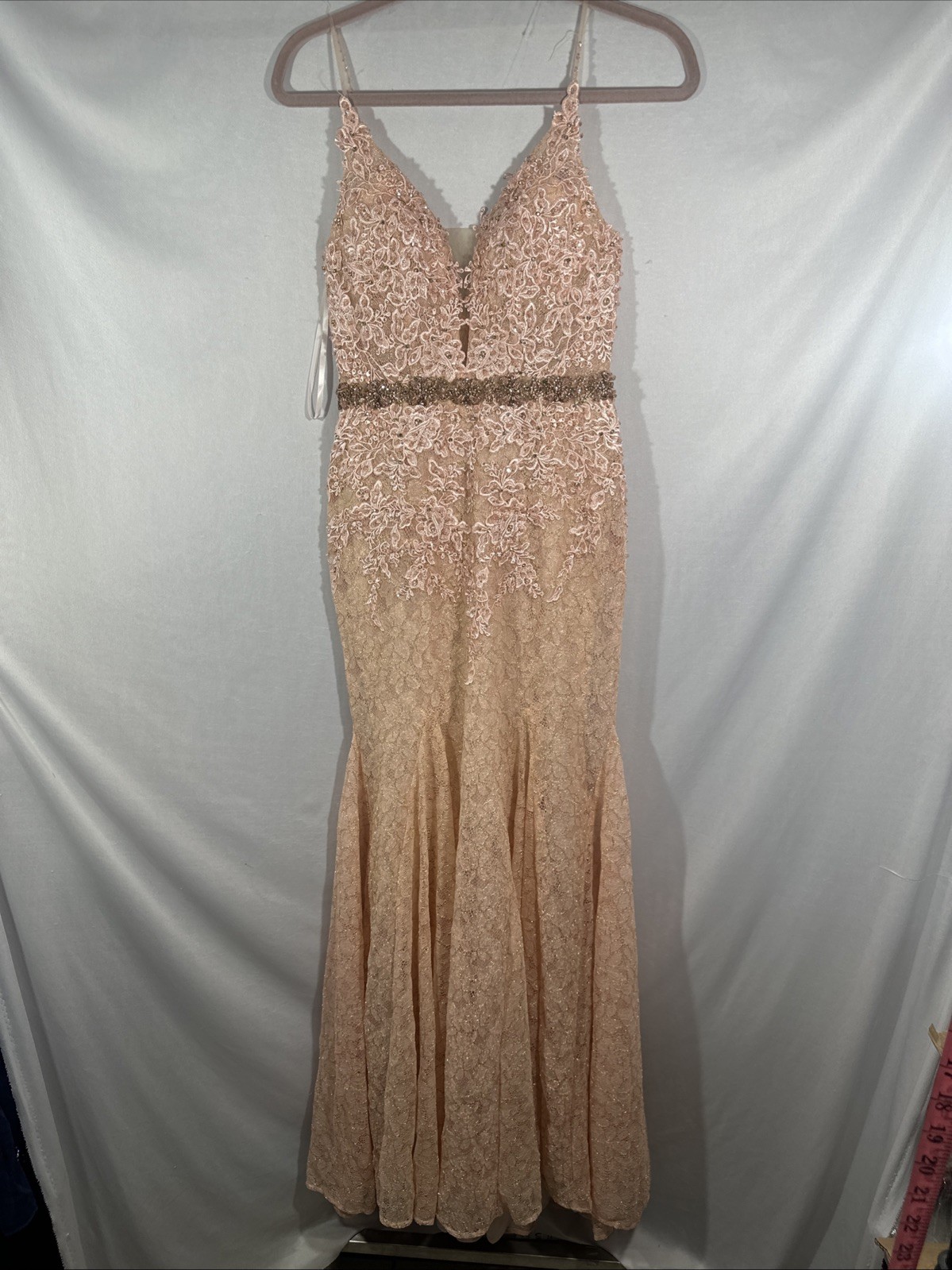 NWT Mac Duggal [ 0 ] 79341 Applique Plunge Neck Trumpet Gown in Blush Pink J1644