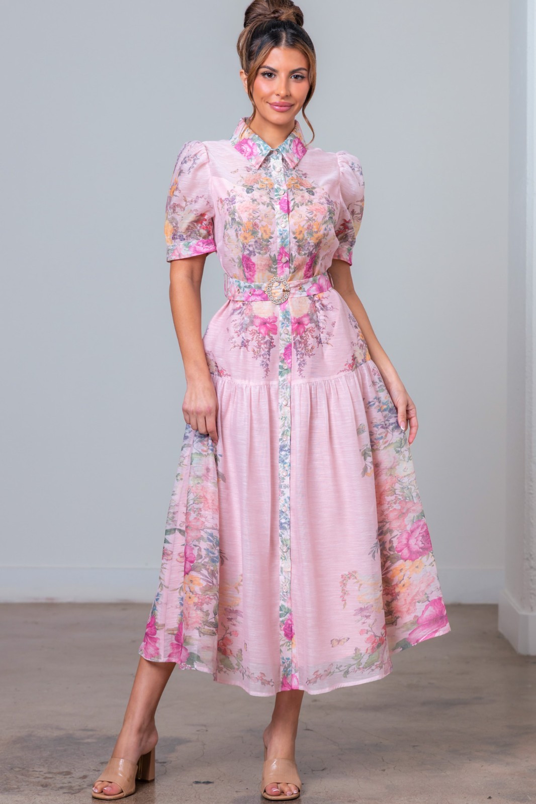 Floral Button Front Midi Dress with Crystal Belt – A. Peach