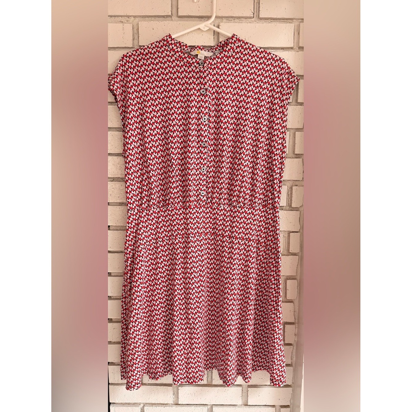 Boden Red Geometric Print Dress Button Front Cap Sleeve Fit & Flare Women’s