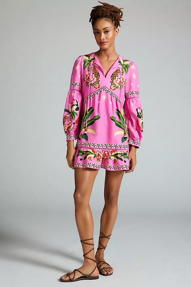 Farm Rio X Anthropologie Pink Leopard Forest Mini Dress Size XL Tropical NEW