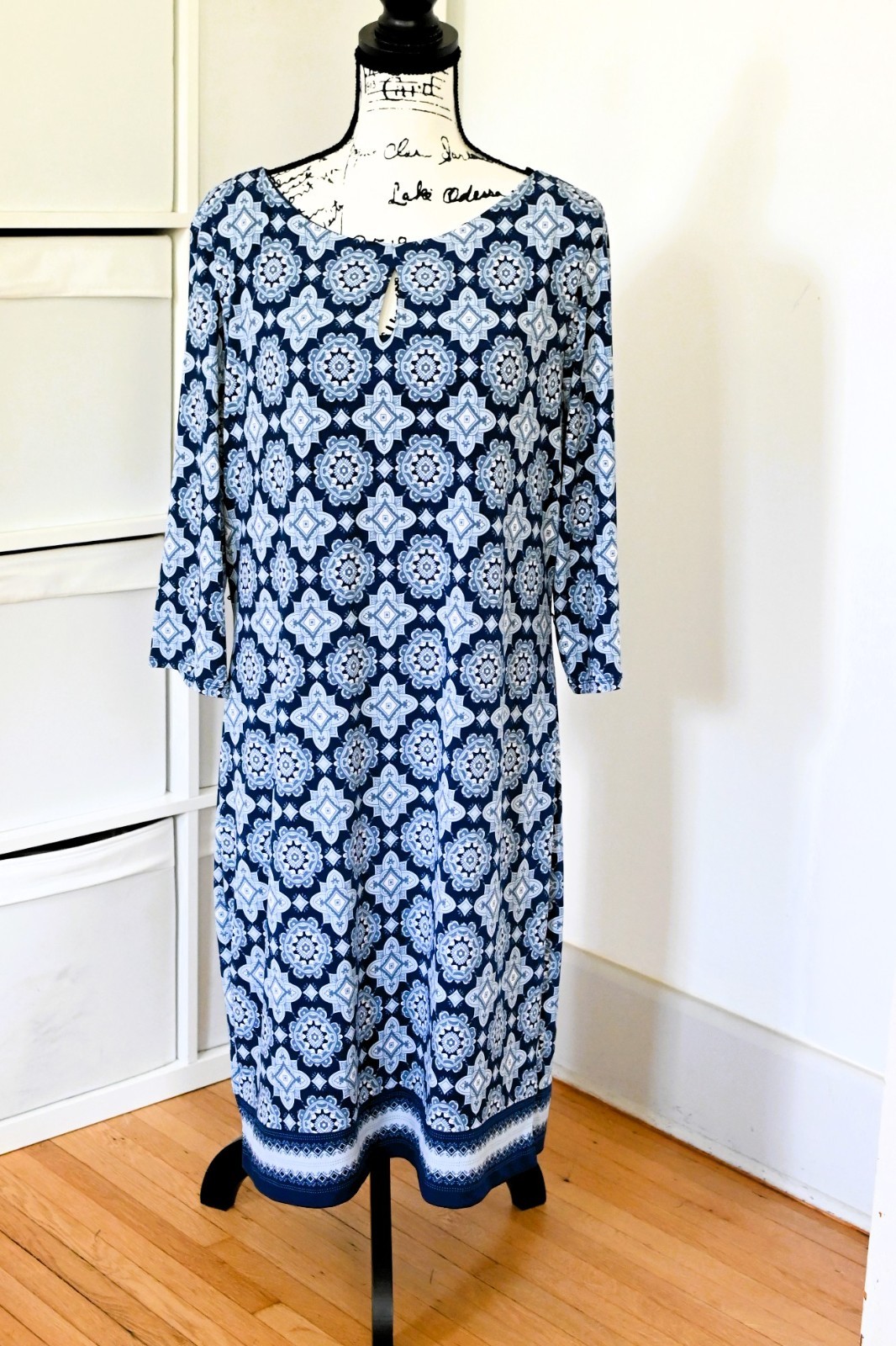 Liz Claiborne Navy White Blue Floral Medallion Print Midi Dress 3/4 Sleeve XL