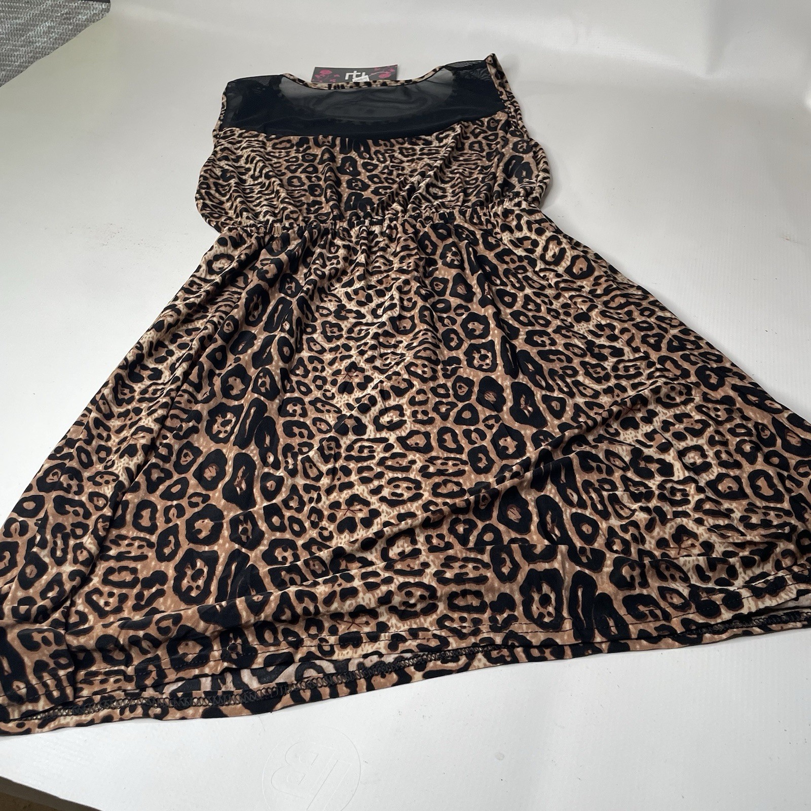 rtu Women’s M/L Brown Black Leopard Sheer Mesh A-Line Knee Dress TJ00029