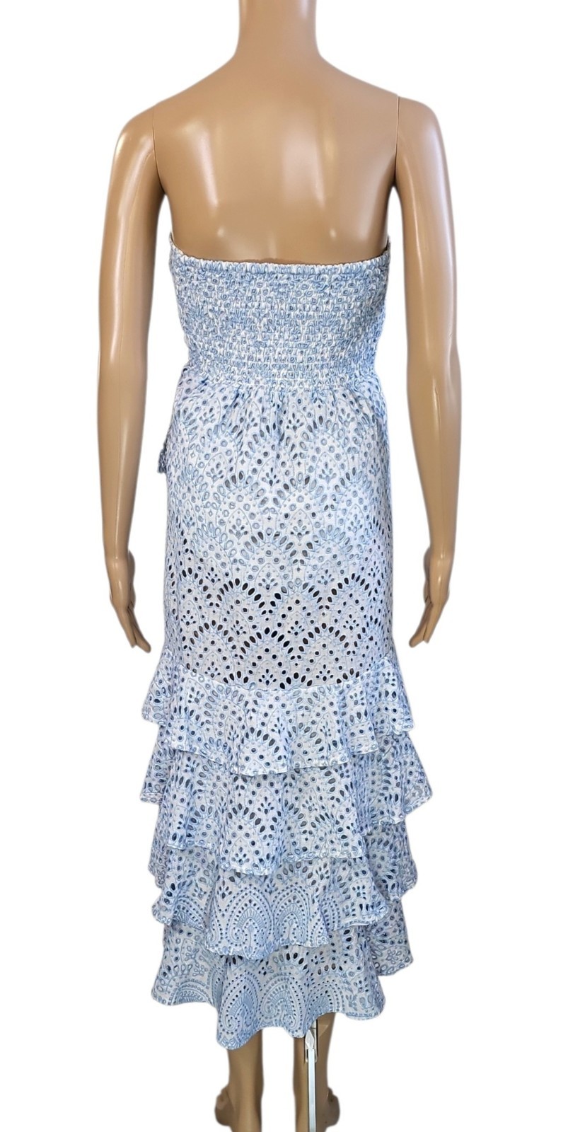 SUNDRESS Flavie Blue Eyelet Strapless Tiered Ruffle Midi Dress S $264