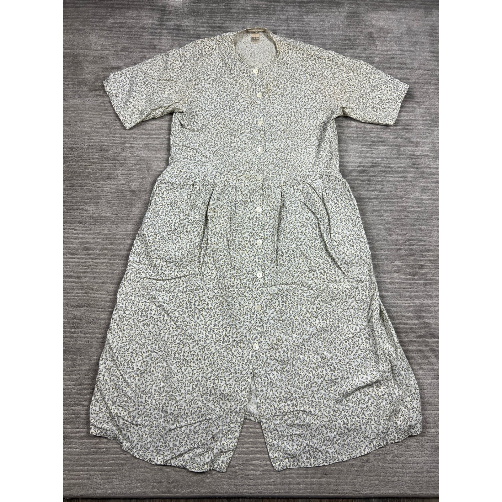 Smith & Hawken Dress Womens S Cream Floral Button Front Midi Cottagecore Rayon
