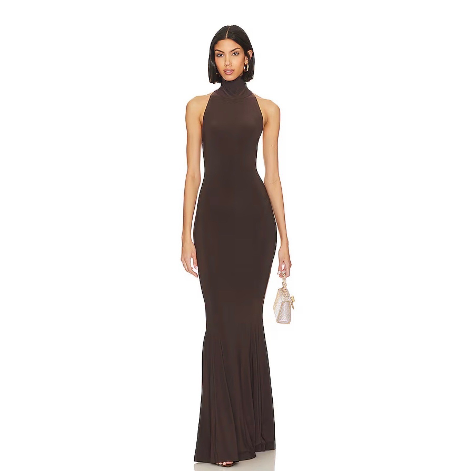 Norma Kamali Halter Turtle Fishtail Gown in Chocolate Size XXS