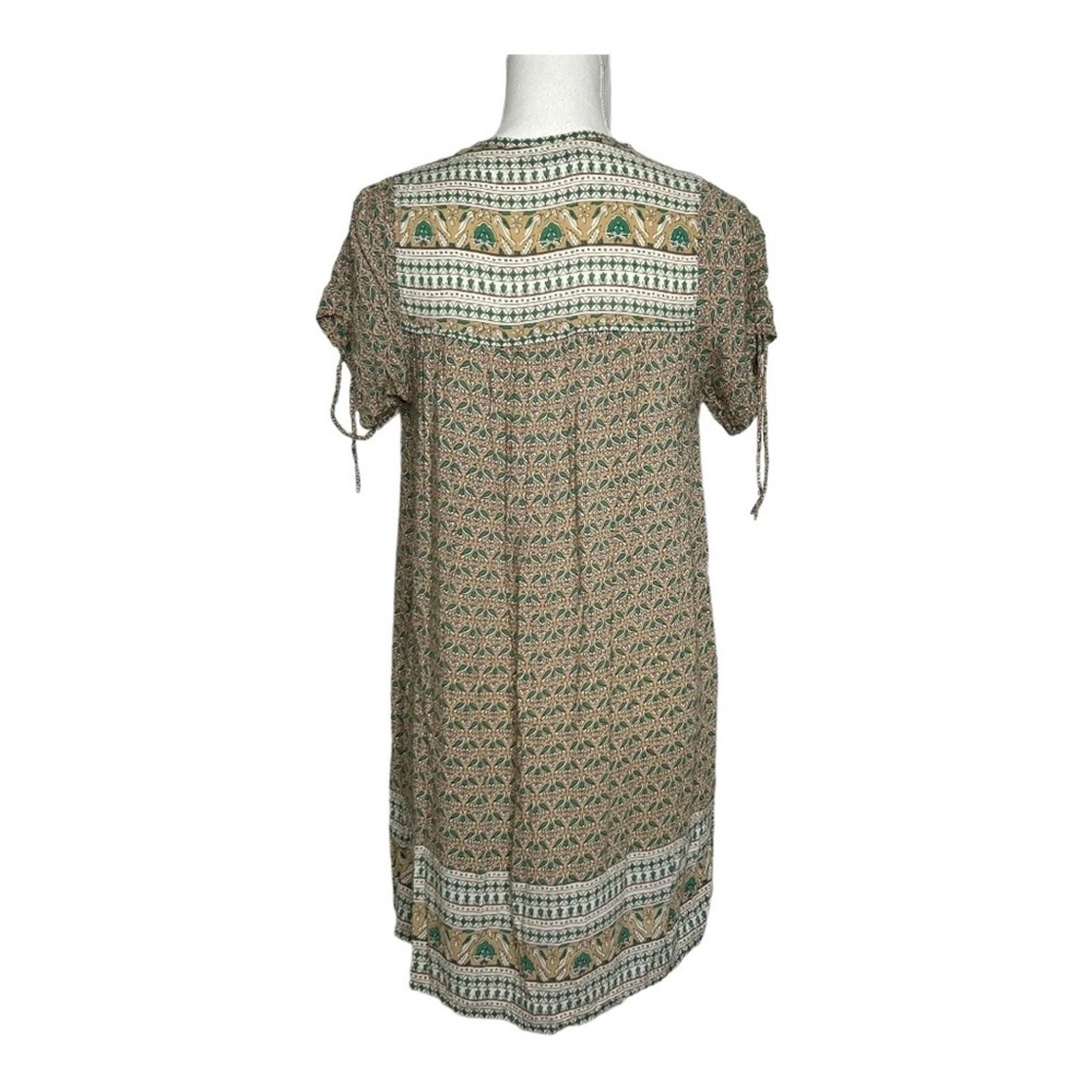 Faithfull The Brand Tunic Dress Bird Print Boho Green Tan XS