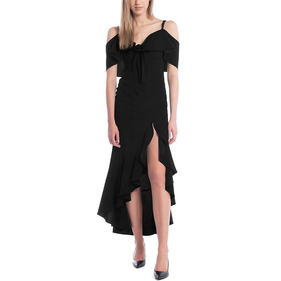 GRACIA Black Ruffle Cold Shoulder Tie Front Asymmetric Midi Cocktail Dress S 4/6