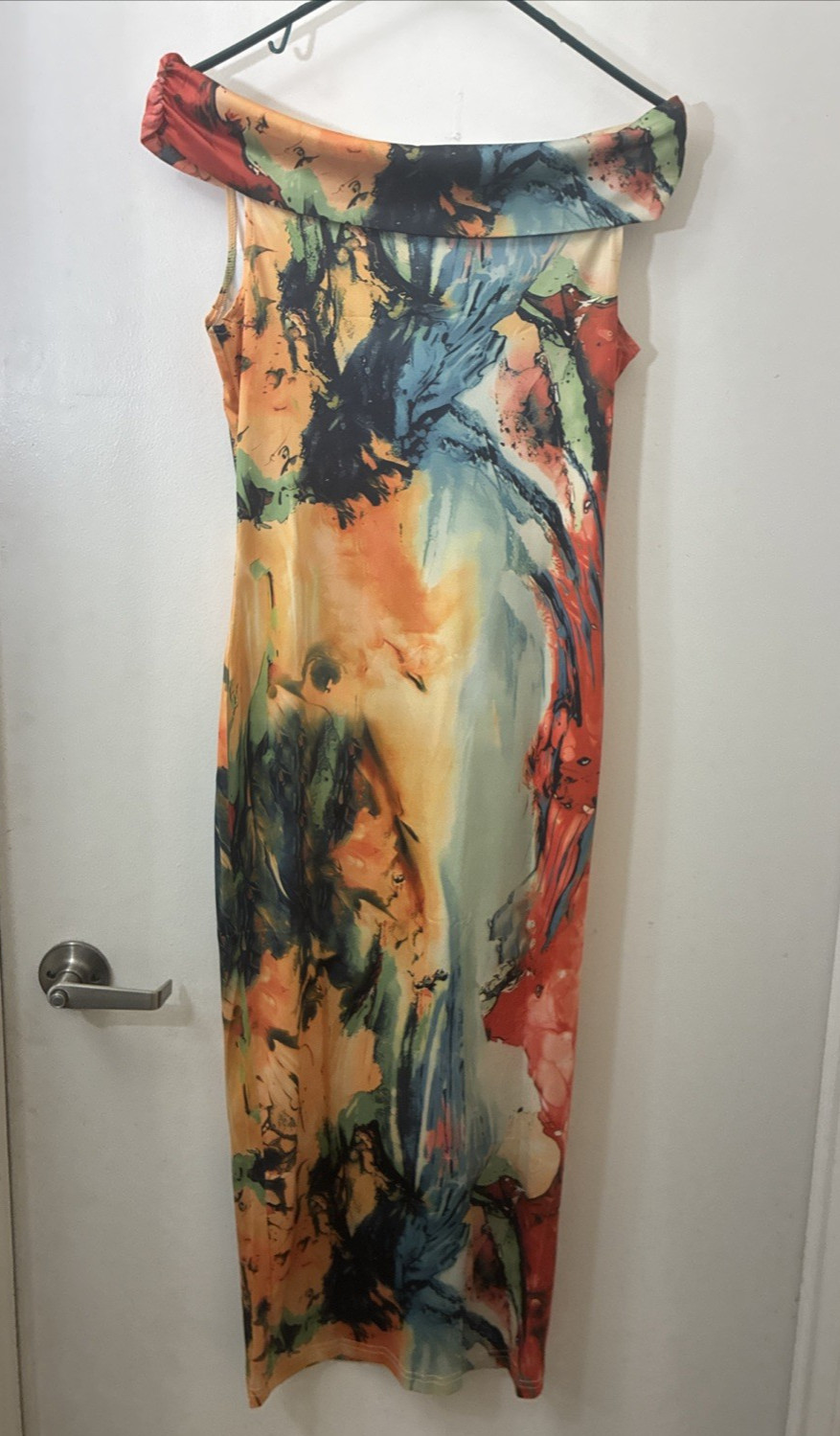 Abstract Watercolor Cowl Neck Midi Dress Women Small Multicolor Stretch
