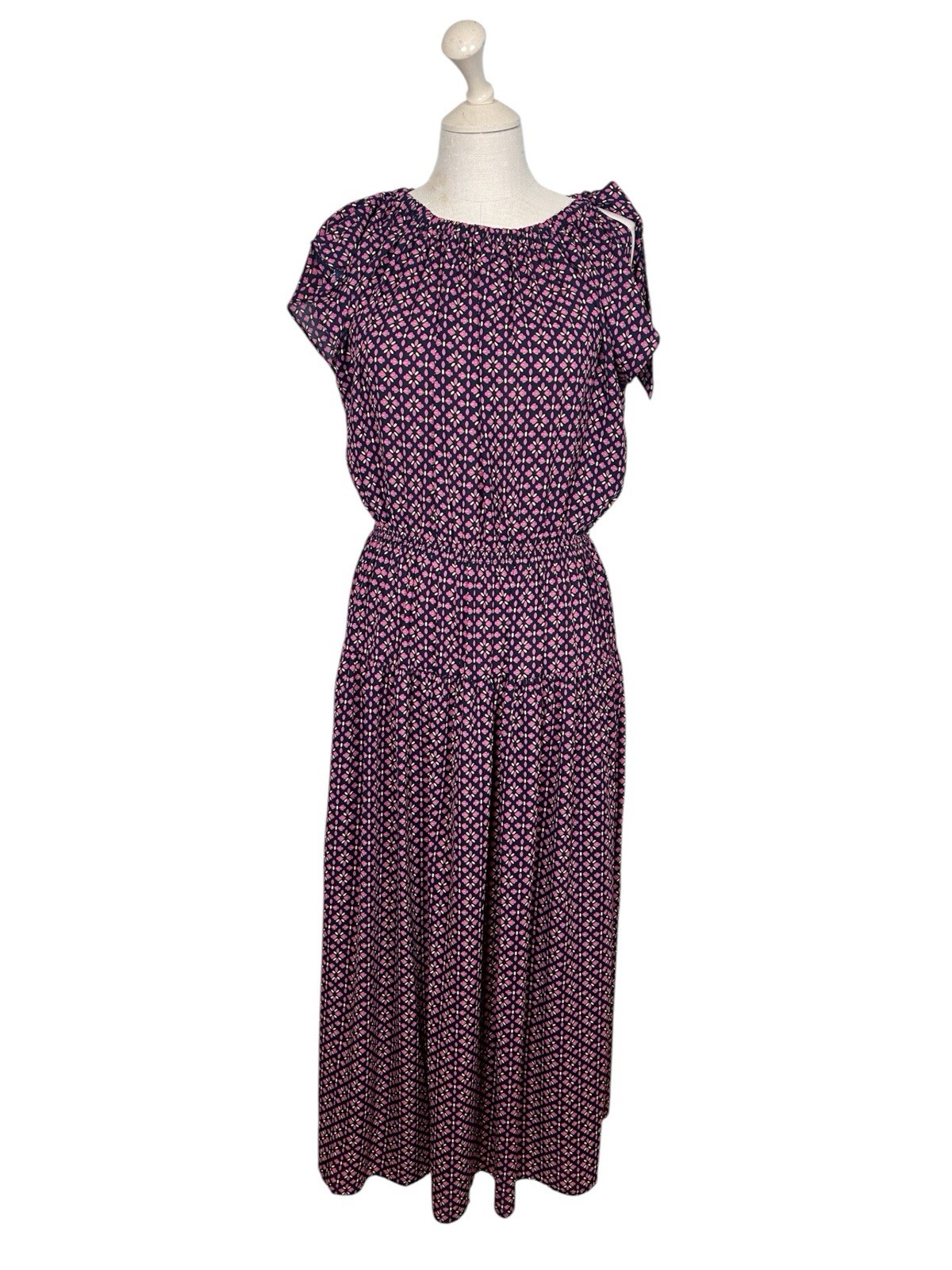 NWT Banana Republic Shirred Neck Drop Waist Midi Dress Pink Geo Medium
