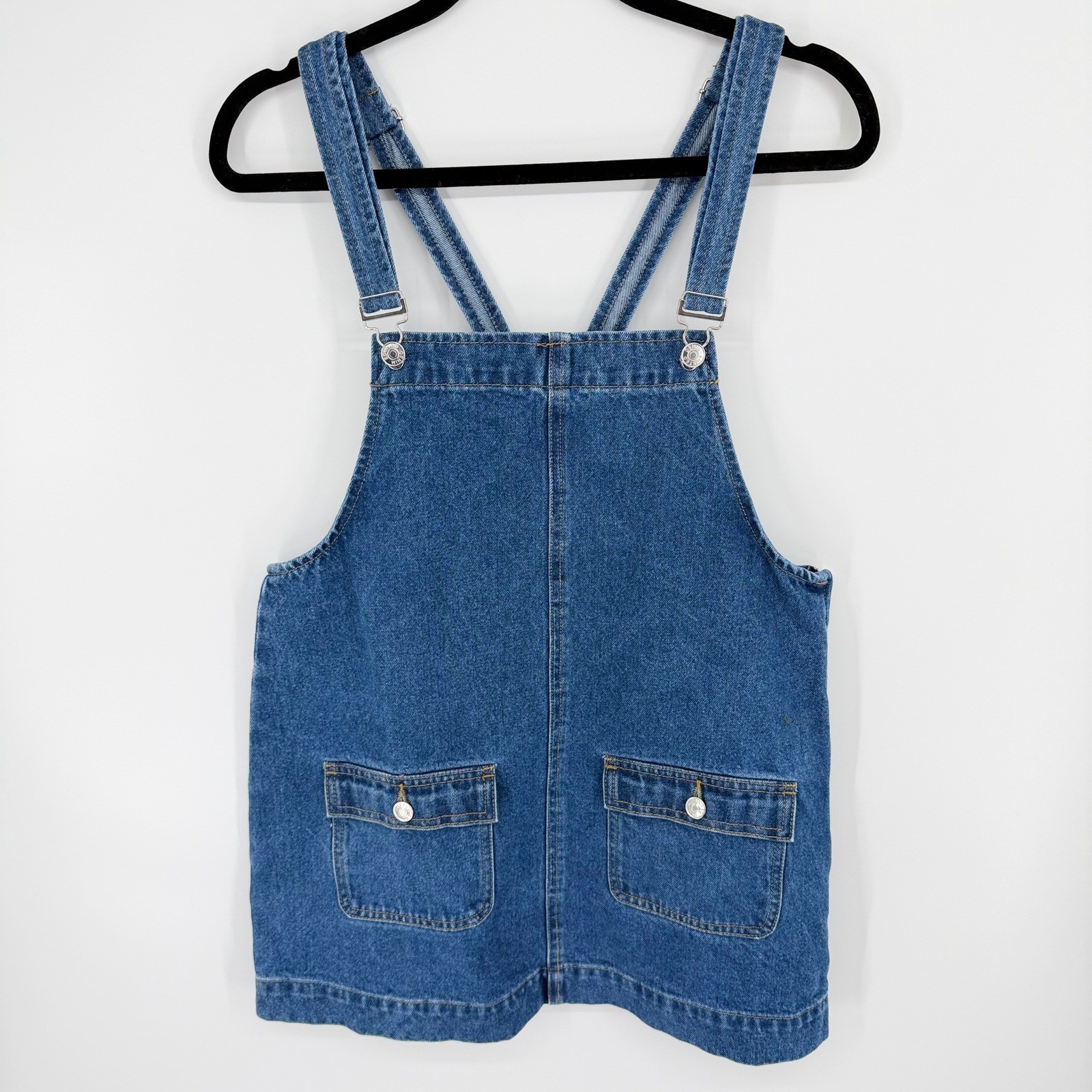 Edikted Denim Pinafore Overall Mini Dress Size Large Blue Side Zip Pocket Jumper