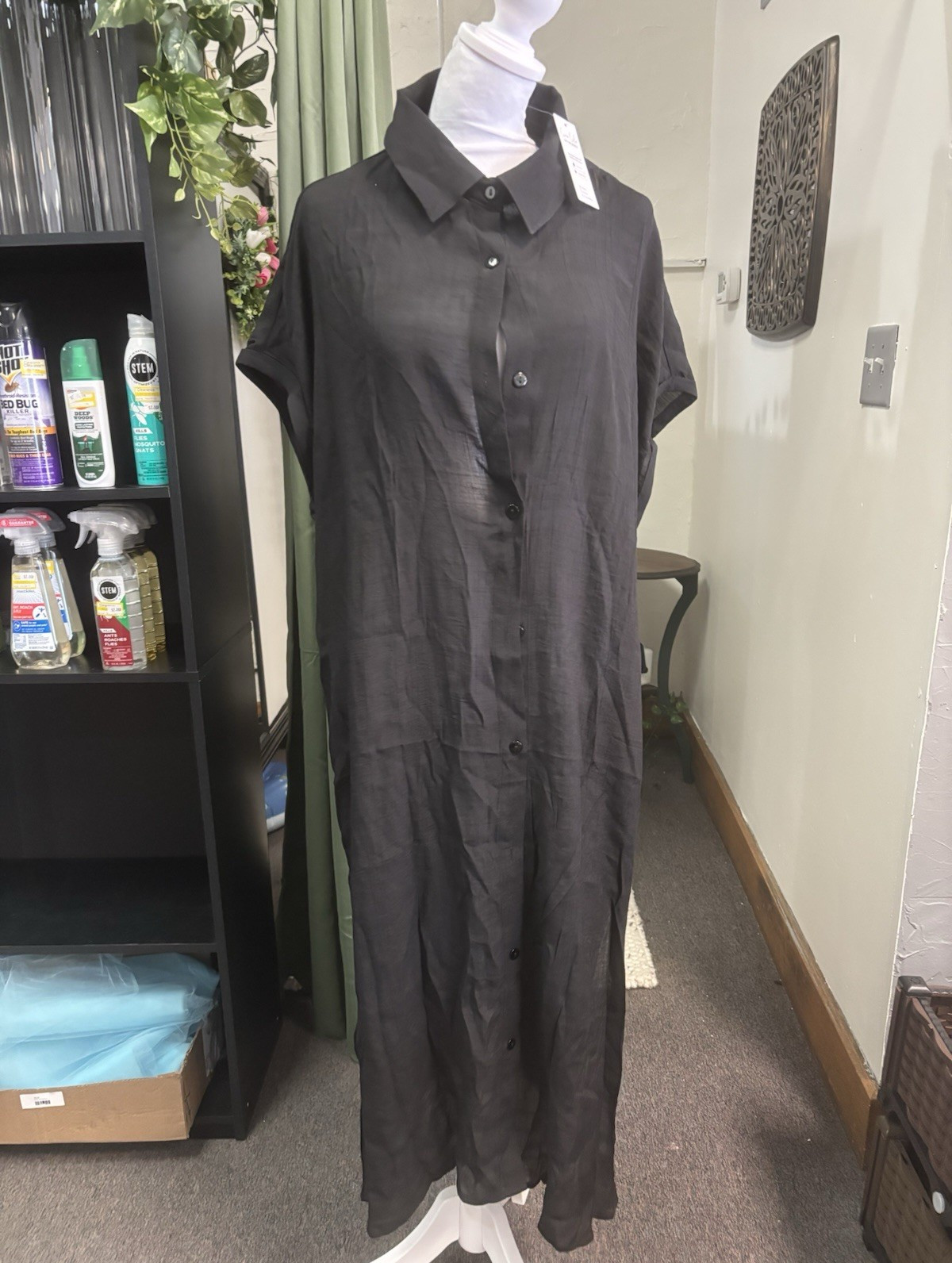 CUPSHE Women’s Black Solid Shirt Dress Button Front Collared Side Slit S Long