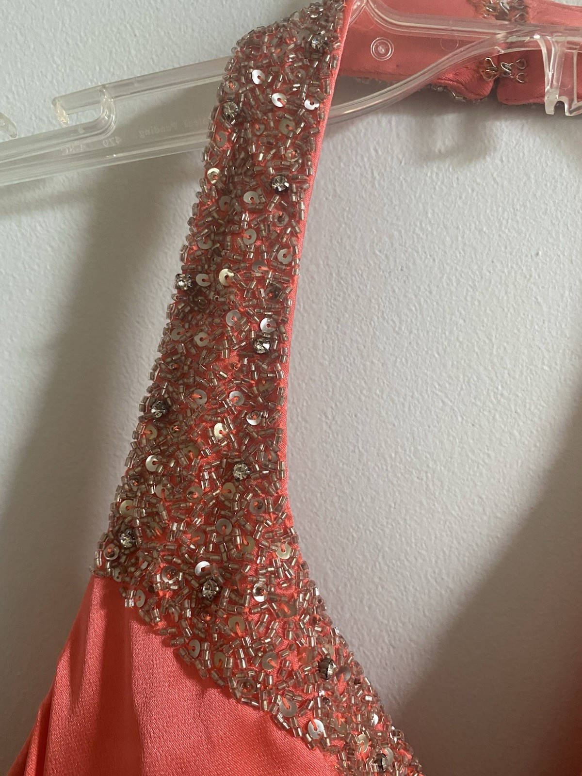 Cassandra Stone Coral Beaded Sequin Halter Gown Dress Satin Maxi Size 4